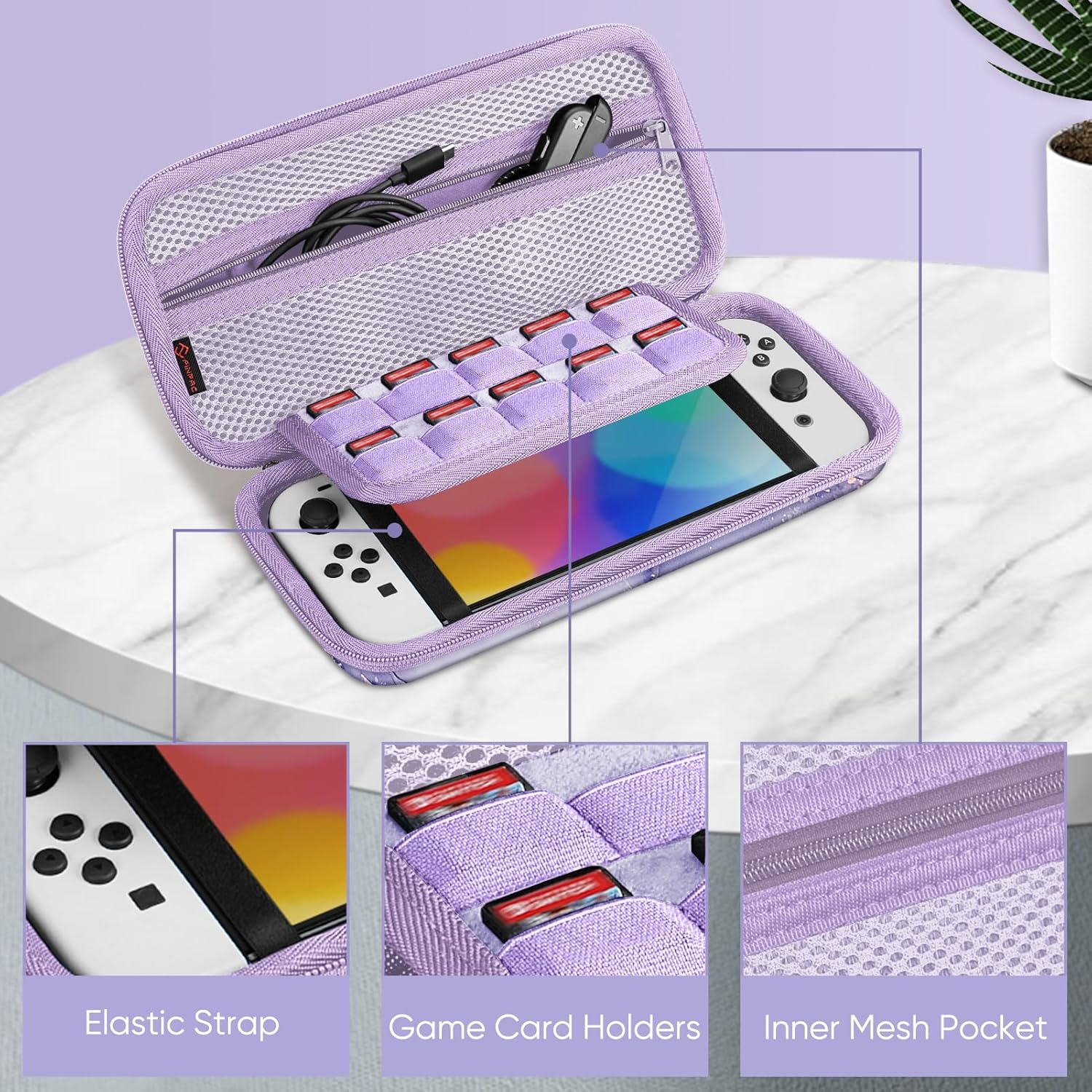 Fintie Carrying Case for Nintendo Switch OLED Model 2021/Switch 2017, [Shockproof] Hard Shell Protective Cover Travel Bag W/10 Game Card Slots for Switch Console Joy-Con & Accessories, Lilac Marble, image number 2