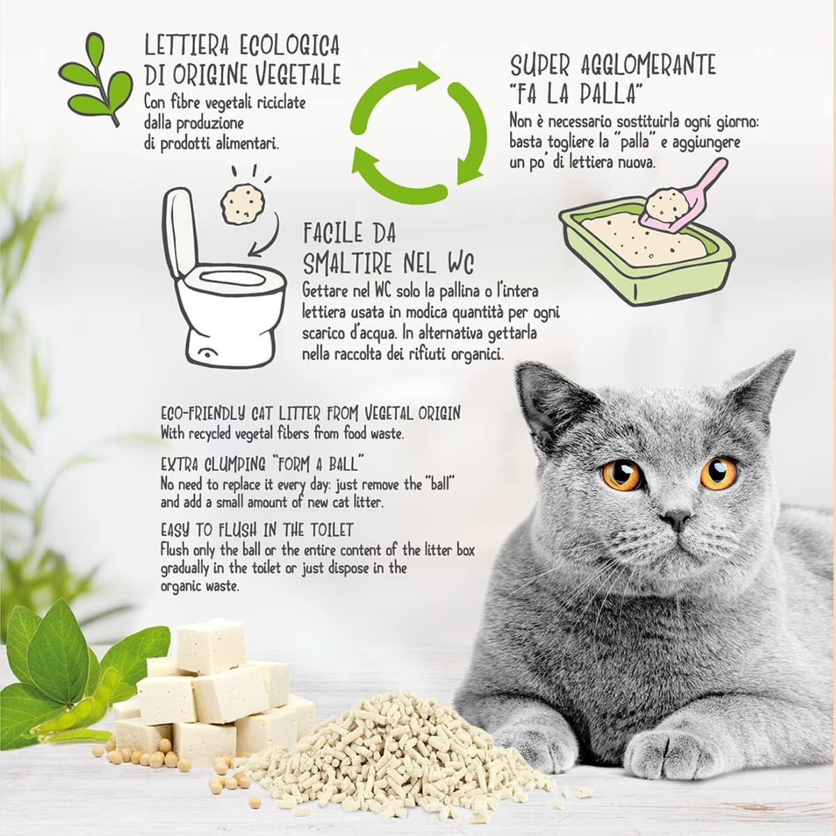 Cat&Rina Benatural Tofu Vegetable and Strong Clumping Cat Litter. Biodegradable and Disposable in the Toilet. up to 60 Days of Use. Maxi Format Aktivhole, 10L image number 2