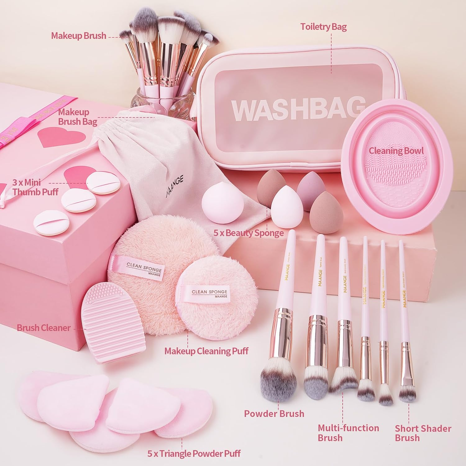 MAANGE 37 Pcs Makeup Brush Set Premium Synthetic Make up Brushes Foundation Eye Shadow Powder Concealers Brushes Set for Beginners Professional Makeup Tool Set (Pink) - Pink image number 2