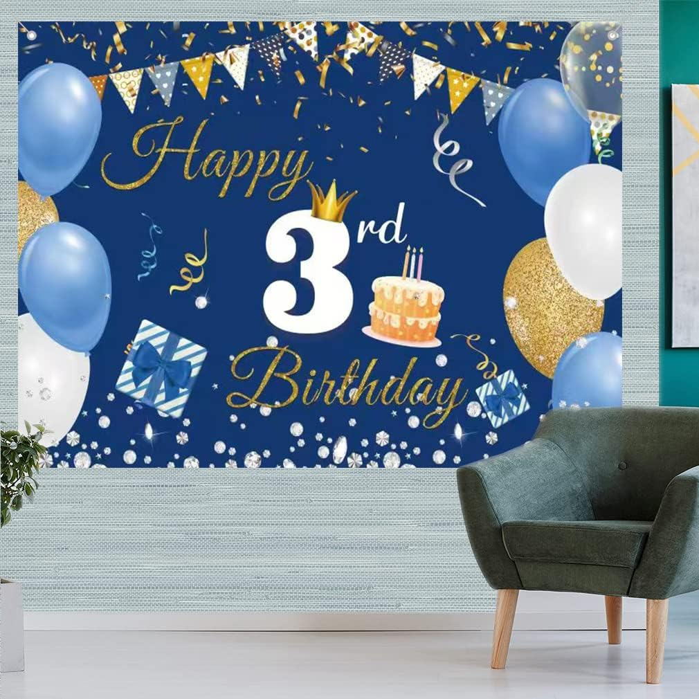 3Rd Birthday Decorations Happy 3Rd Birthday Backdrop Banner for Boys/Girls Happy 3 Years Old Fabric Sign Poster, Blue Photography Background Third Birthday Party Table Decoration, 59"X35.4" image number 2