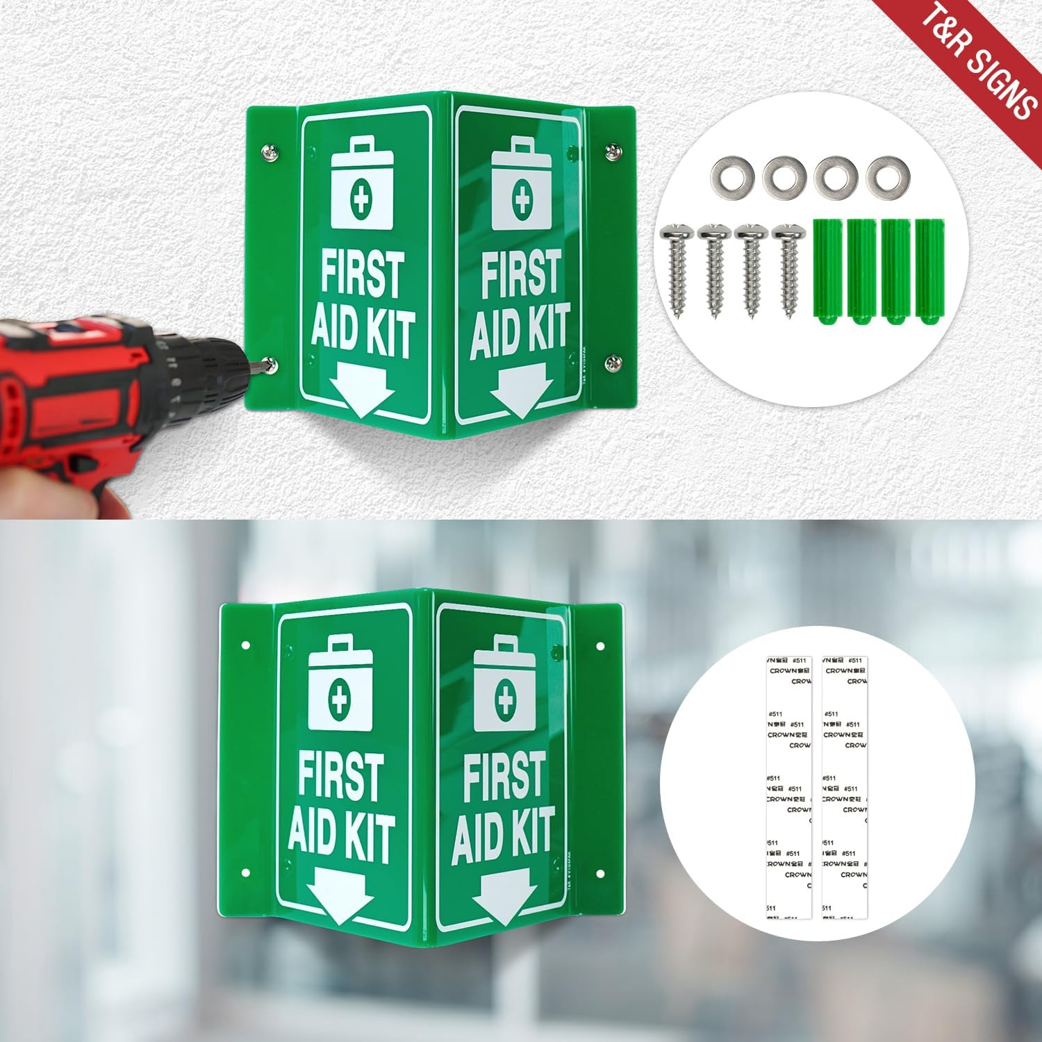 T&R First Aid Kit Sign, First Aid Kit with down Arrow - 4 Pack - 8 X 6 Inches Acrylic, 4 Pre-Drilled Holes, Includes Matching Screws, Use for Office/Business - First Aid - 4 Pack image number 3