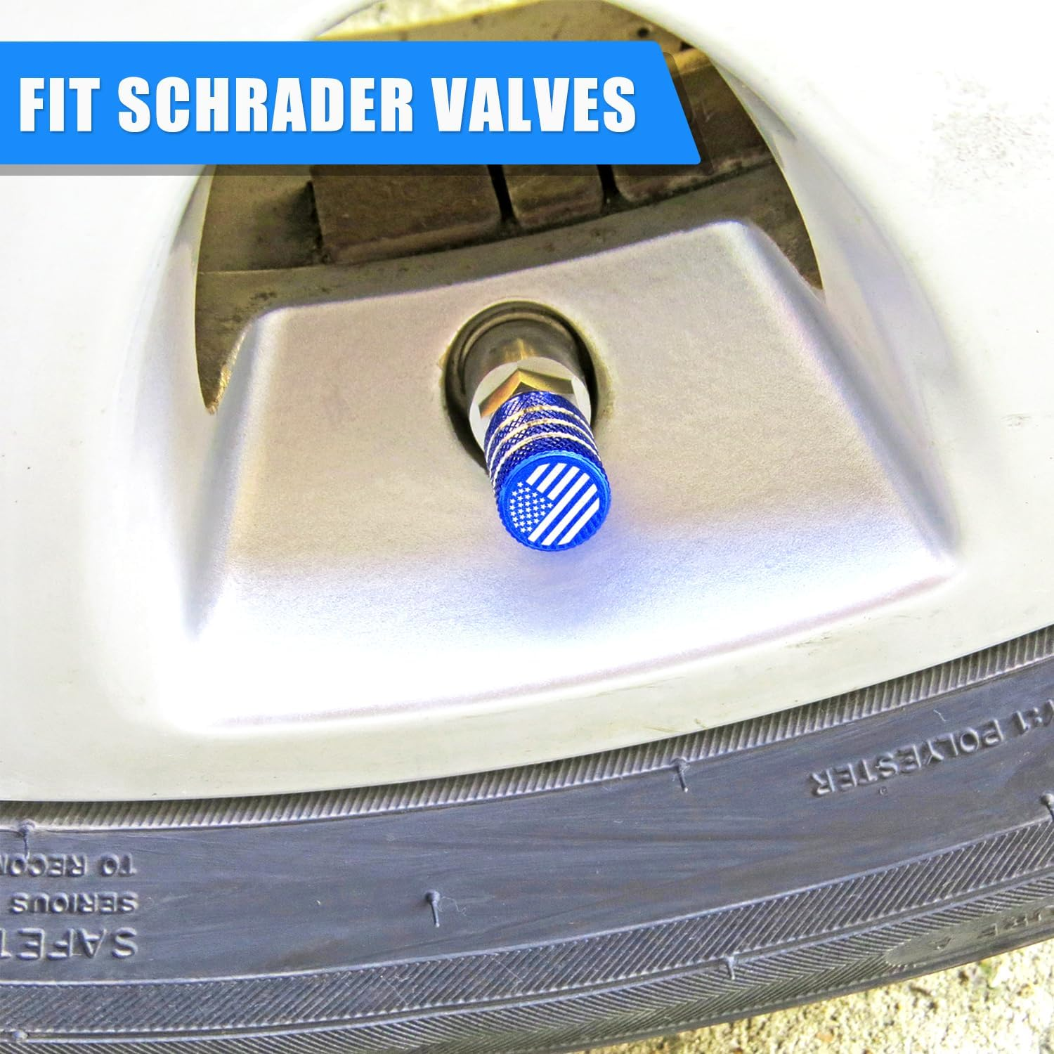 Blue Valve Stem Covers Aluminum Tire Valve Caps with Plastic Liner American Flag Valve Stem Caps, Corrosion Resistant, Universal for Car Truck Motorcycle Bike (4 Pack) - Black image number 2