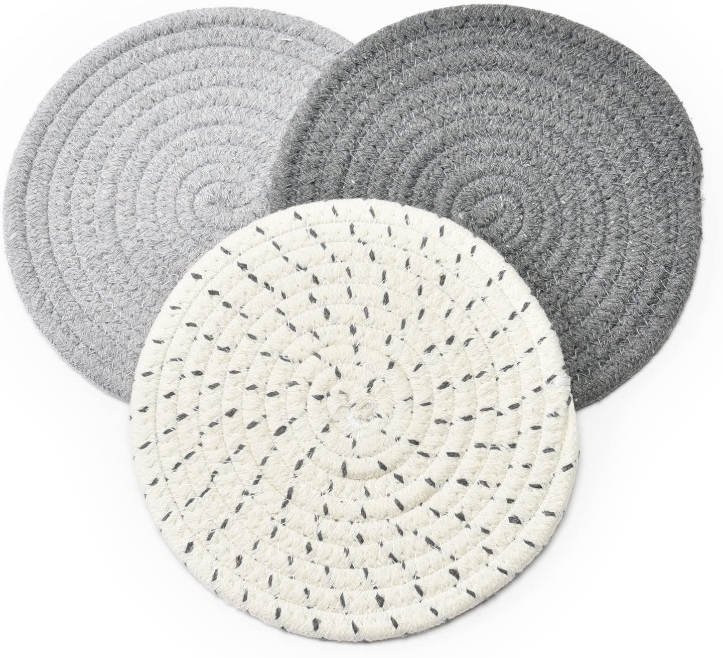 Potholders Set Trivets Set 100% Pure Cotton Thread Weave Hot Pot Holders Set (Set of 3) Stylish Coasters, Hot Pads, Hot Mats,Spoon Rest for Cooking and Baking by Diameter 7 Inches (Gray) image number 4