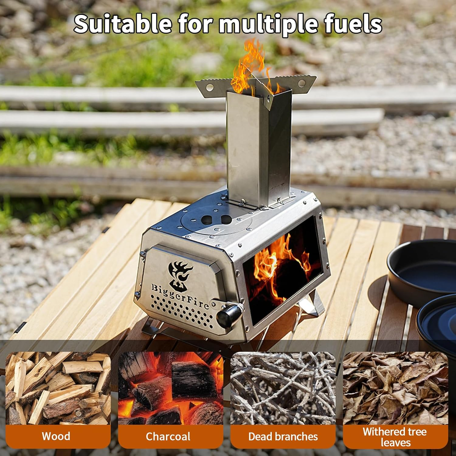 Biggerfire Rocket Stove Stainless Steel Countertop Mini Wood Stove Detachable Portable Wood Burning Stove with Chimney and Carrying Bag for Outdoor Cooking Coffee Making Warming Lighting Fire Watching image number 3