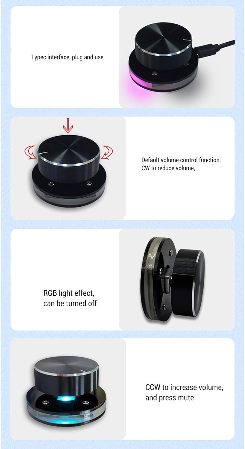 Eulbevoli USB Volume Control Knob for Android System, PC Multimedia Type C External Media Adjustment Controller with RGB Light, No Driver Computer Volume Control, 360 Rotating USB Volume Knob