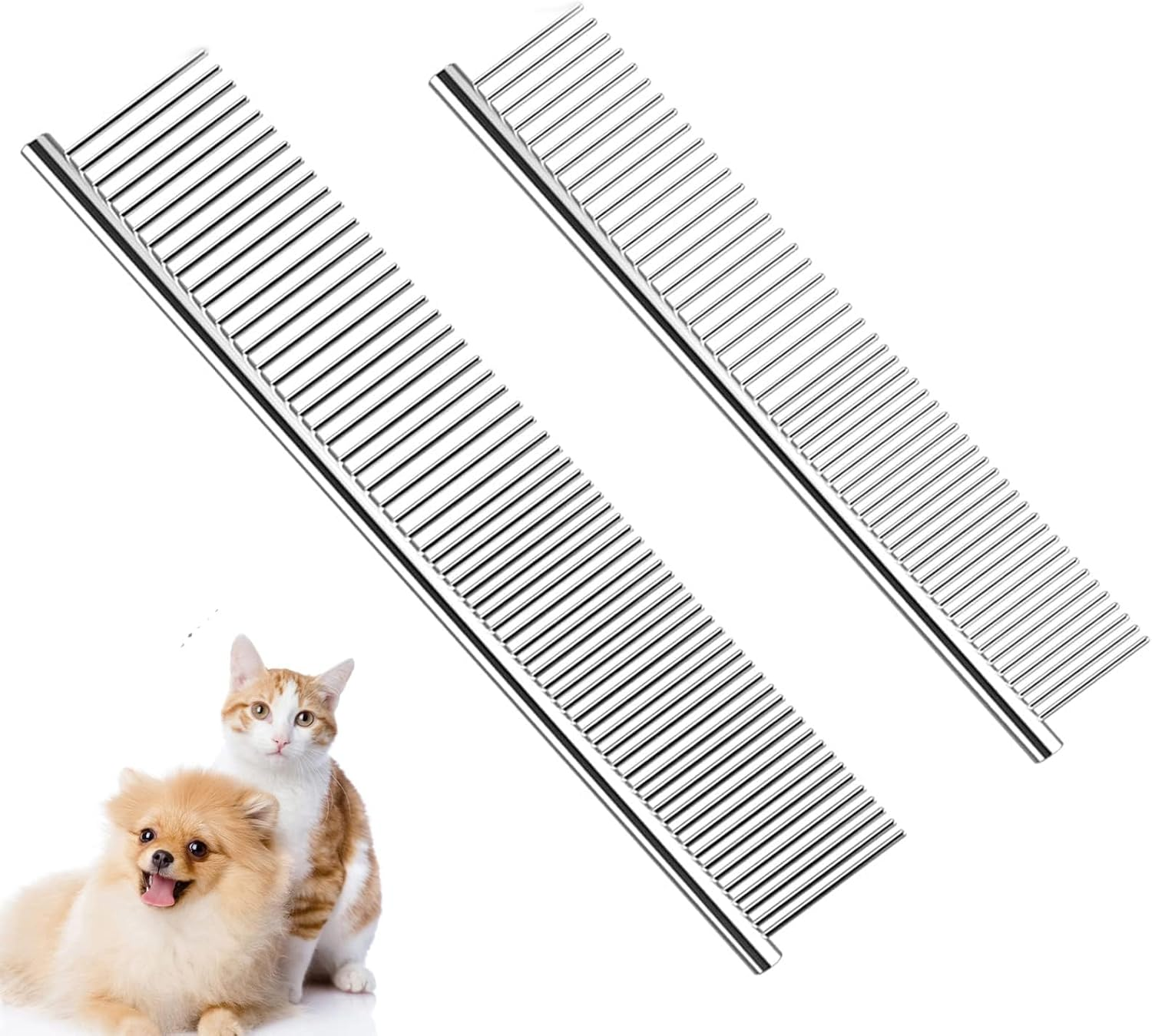 Custelen 2 Pack Dog Combs with Rounded Ends Stainless Steel Teeth - Professional Grooming Tool for Long and Short Haired Pets (6.3IN/7.4IN) image number 2