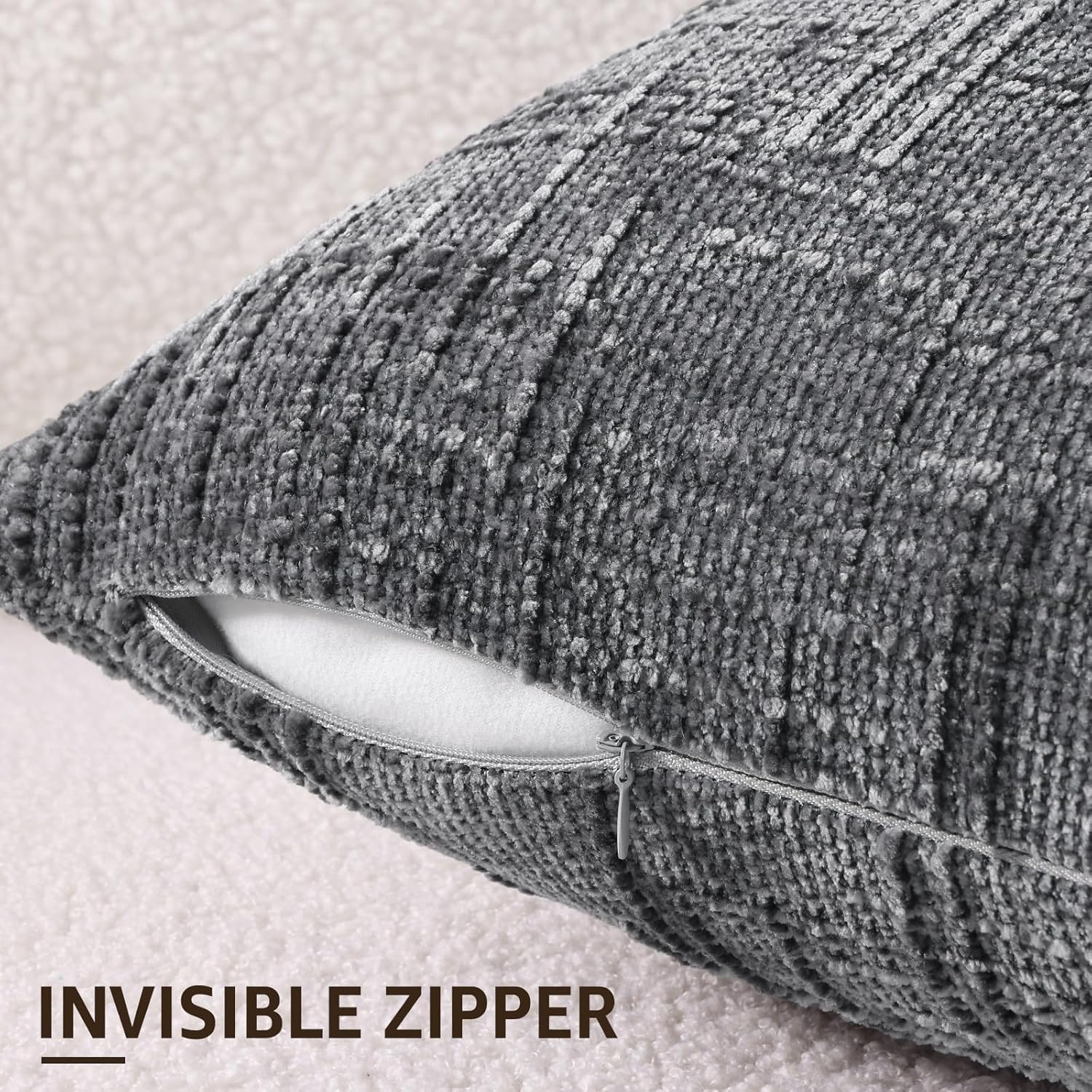 Dark Grey Chenille Throw Pillow Covers 18X18 Set of 2 Thick Textured Slubby Couch Pillow Covers Farmhouse Accent Modern Neutral Decorative Pillow Cases for Bed Sofa Living Room - Dark Grey image number 6