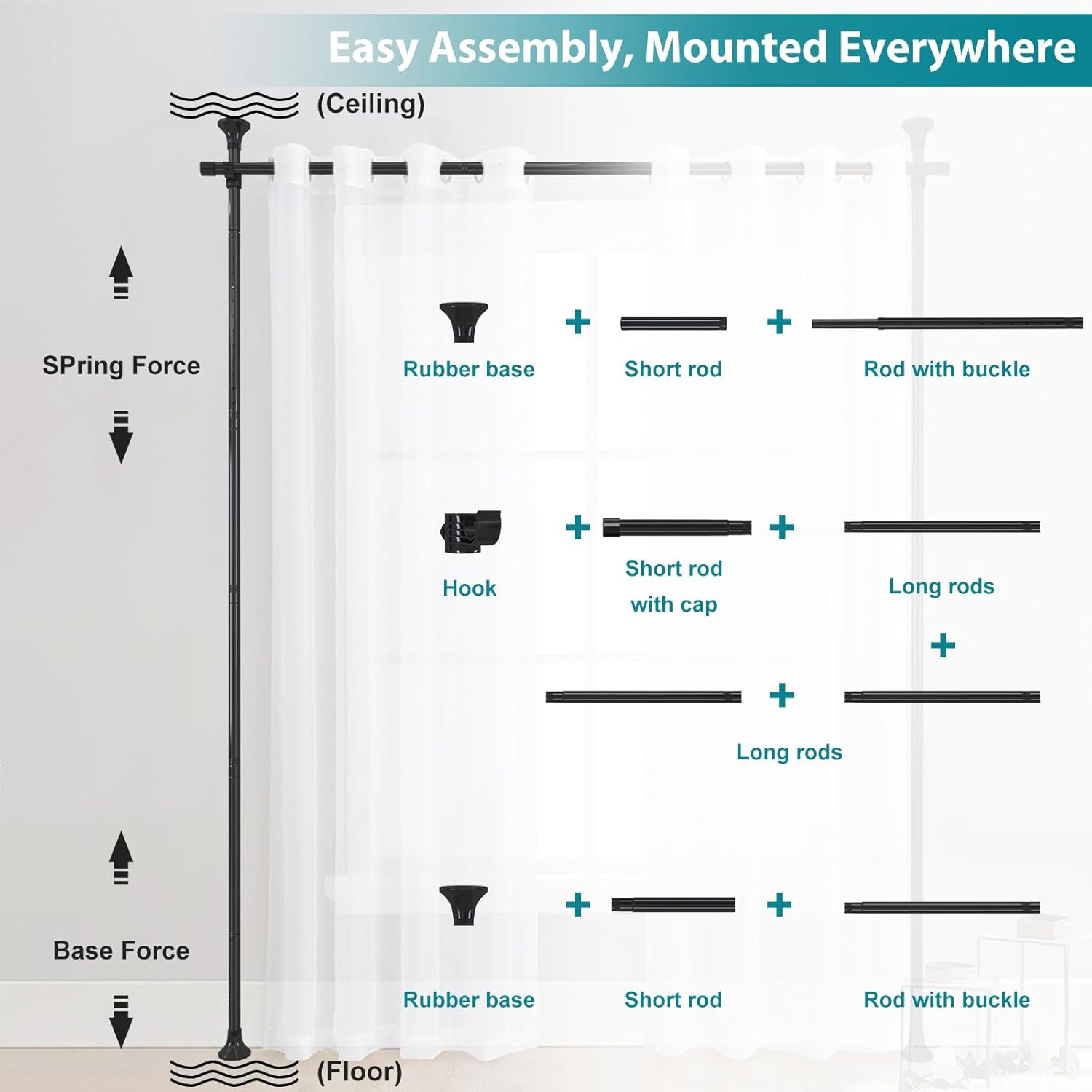 Room Divider, No Drilling Curtain Rods Hanging Wall Divider for Room Separation, 120&rdquo; Tall 114&rdquo; Wide Adjustable Floor to Ceiling Partition Room Dividers, Heavy Duty Corner Room Divider Curtain Rods image number 6