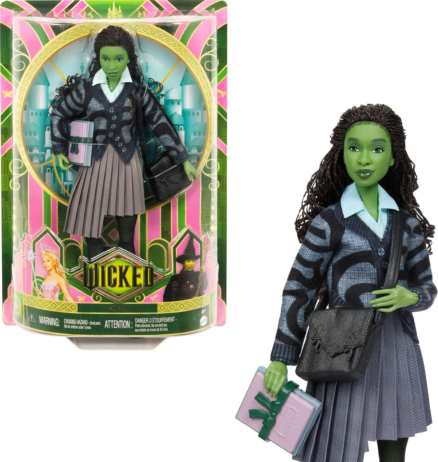 Mattel Universal Wicked Elphaba Fashion Doll & Accessories with Green Skin, Braided Black Hair, Posability & Removable School Uniform image number 4