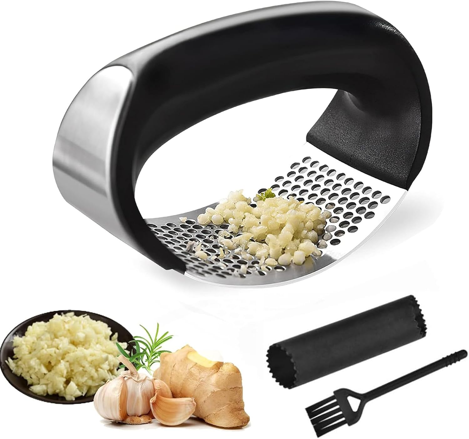 Garlic Press Rocker，Silicone Garlic Peeler，Stainless Steel Garlic Mincer Crusher - with Ergonomic Handle Silicone Tube Peeler and Cleaning Brush Tool image number 2