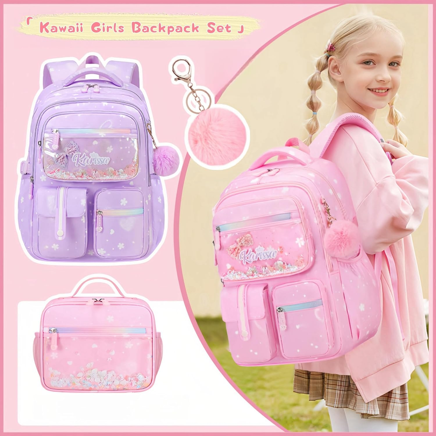 2Pcs Kawaii Girls Backpacks Capacity Elementary School Bags Bookbags image number 4