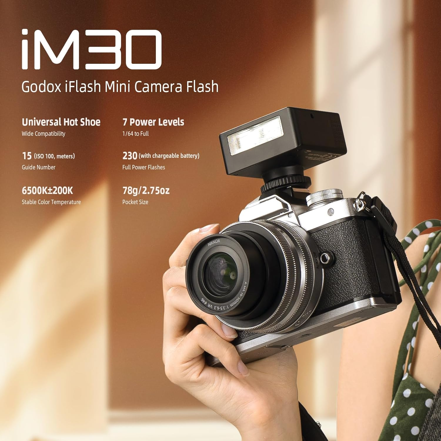 Godox Flash Im30 Camera Flash, GN15 7 Power Levels (1/64~1/1), S1/S2, Pocket Mini On-Camera Flash Speedlite for Sony, Canon, Nikon, Olympus, Fujifilm, Panasonic, Pentax Cameras