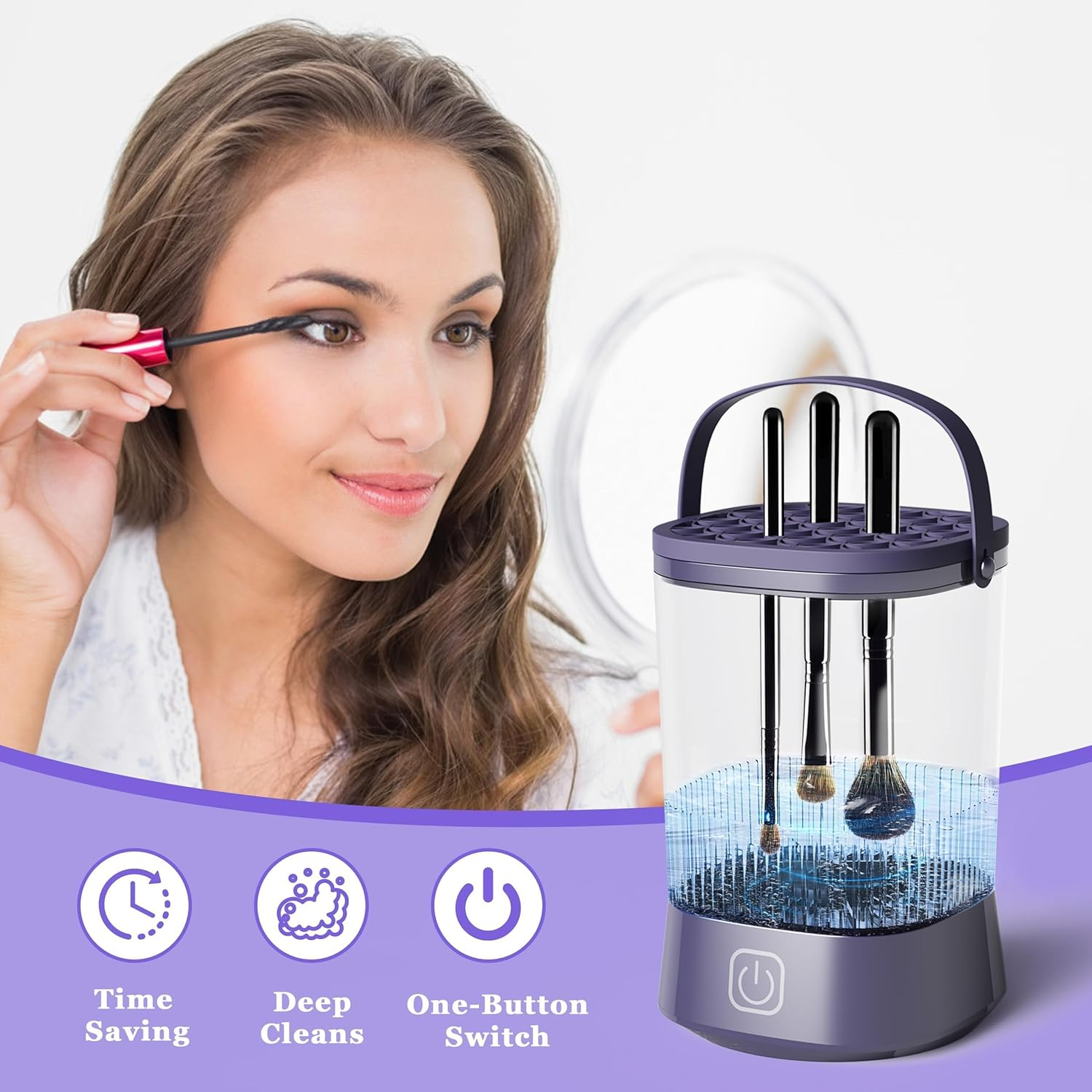 Electric Makeup Brush Cleaner Machine, Automatic Spinning Make up Brush Cleaner with 1200 Mah Rechargeable Battery, Portable Cosmetic Brush Cleaner Dryer Tool for All Size Makeup Brush (Purple) image number 2