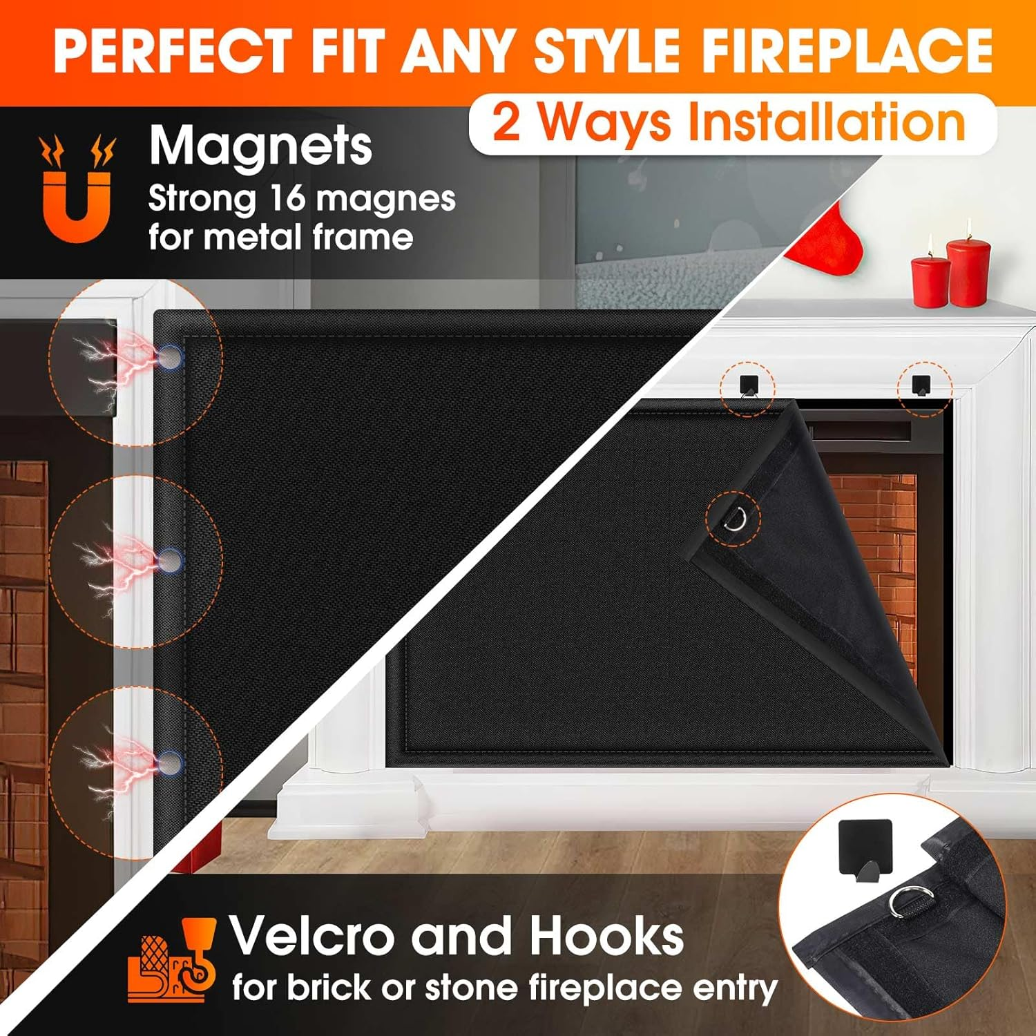 CADARA Fireplace Blocker Blanket - Magnetic Draft Stopper, Indoor Heat Loss Cover with Hook and Loop Tapes, Cold Air Blocker to save Energy, Black 36" W X 24" H image number 5