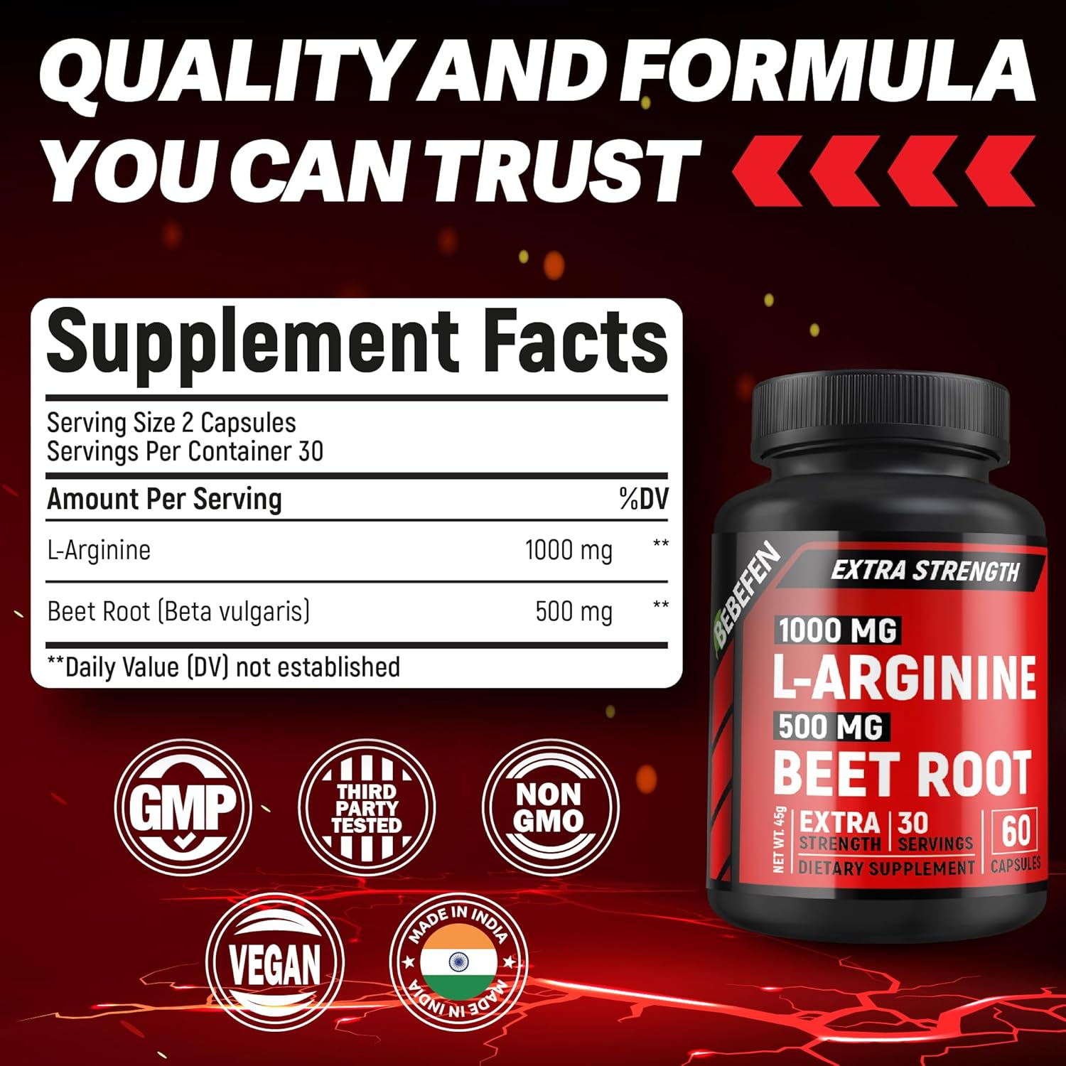L-Arginine 1000Mg + Beet Root 500Mg Nitric Oxide Production- Non-Gmo, 60 Vegetarian Capsules image number 3