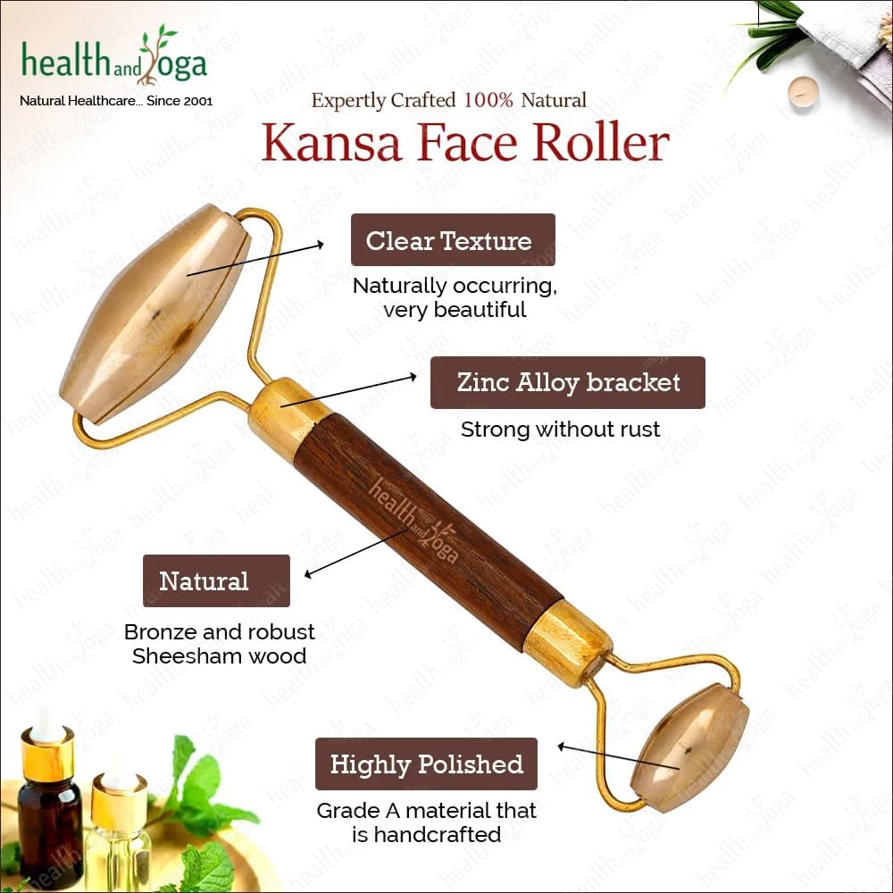 Healthandyoga Bronzroll Kansa Face Roller Fine Wood Grip with Beauty Face Oil - Premium Luster Restoring and Skin Stimulation and Detox Tool - Gentle Soft Tissue Massage Ayurvedic Toning image number 6