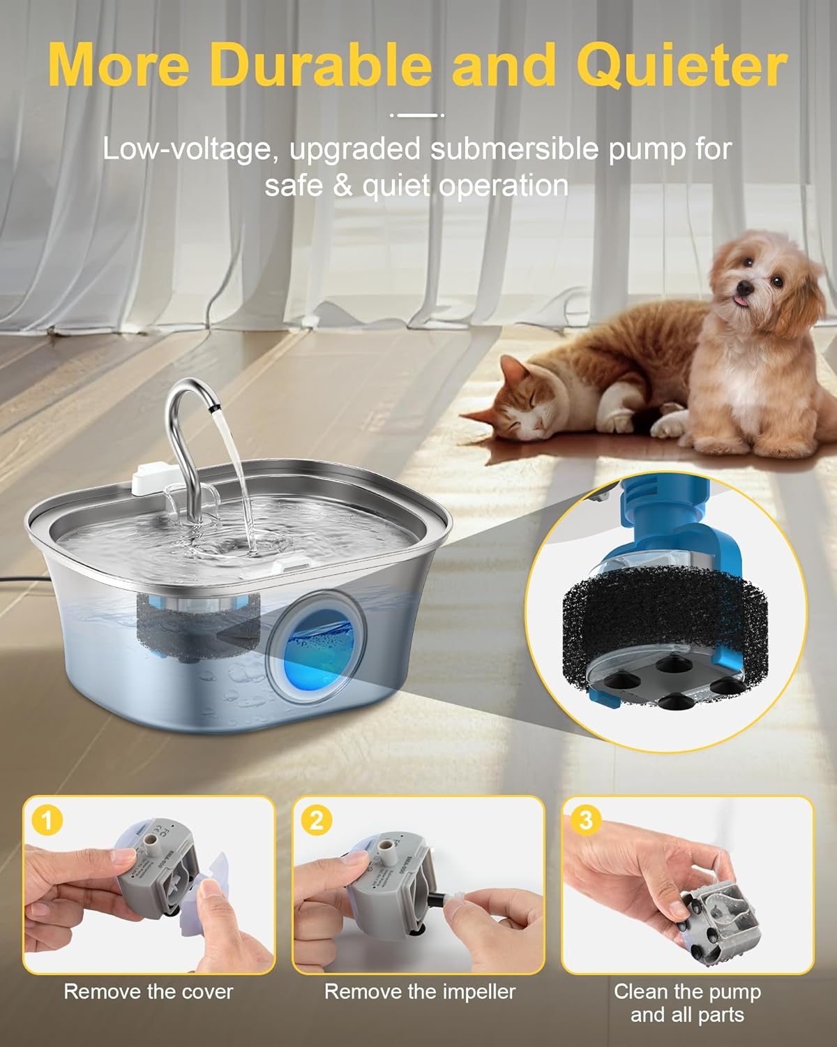 Homrich Cat Water Fountain - 3.2L Stainless Steel - Cat & Dog Water Fountain - 8 Filters & Foam Pre-Filter image number 2