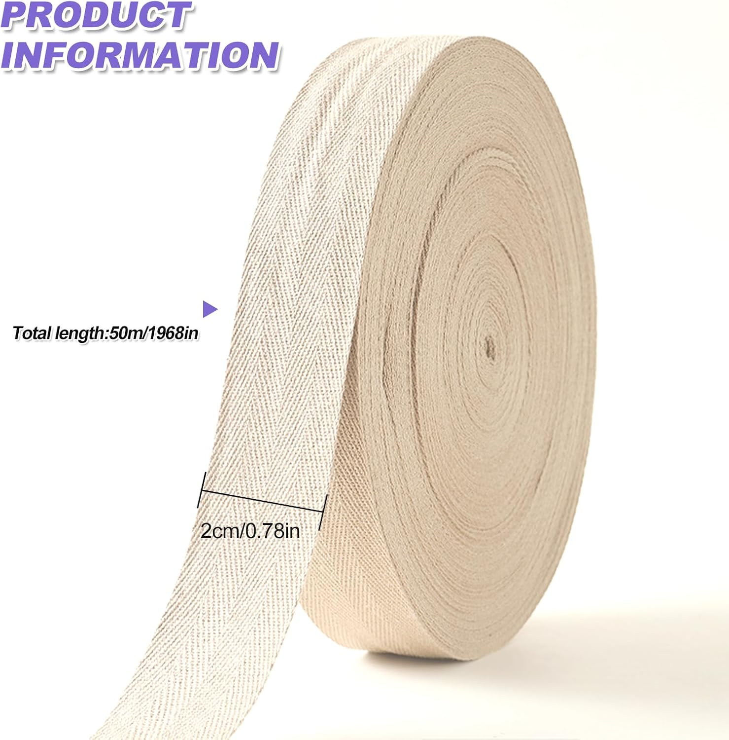 Cotton Twill Tape 20Mm, 50M Bias Binding Bunting Tape for Sewing Herringbone Cotton Webbing Tapes Ribbon for Sewing Craft Beige