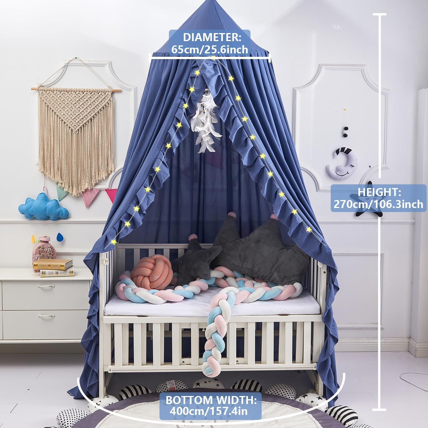 Bed Canopy for Girls Kids, Ruffled Soft Princess Canopy with String Light Mosquito Net with round Dome Hanging House Decoration Bed Canopies for Nursery Room Baby Crib Child (Royal Blue) image number 5