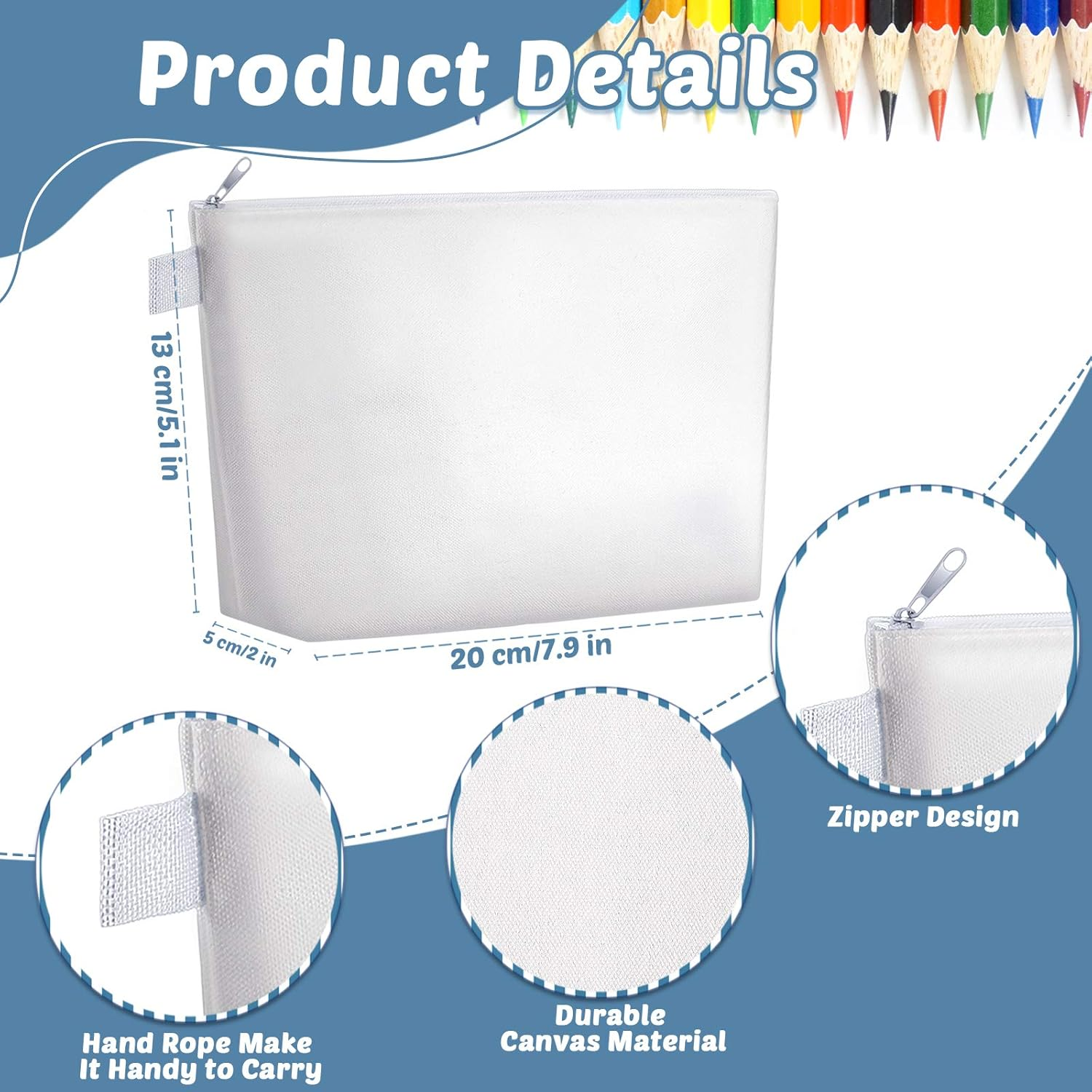 Weewooday 12 Pieces Blank Canvas Makeup Bags with Bottom Handle Bulk Sublimation Zipper Pouch Canvas Cosmetic Bags for Valentines Women Student DIY Craft Travel Toiletry Pencil, White, Practical