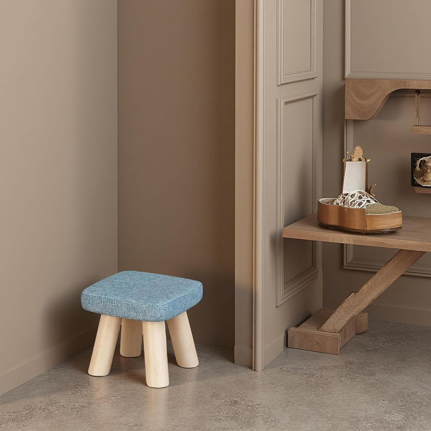 Modern Wooden Footstool with Fabric Seat, 26 X 26 X 17 Cm, 100 Kg Capacity, Grey/Blue Ottomans A266 (Grey) image number 3