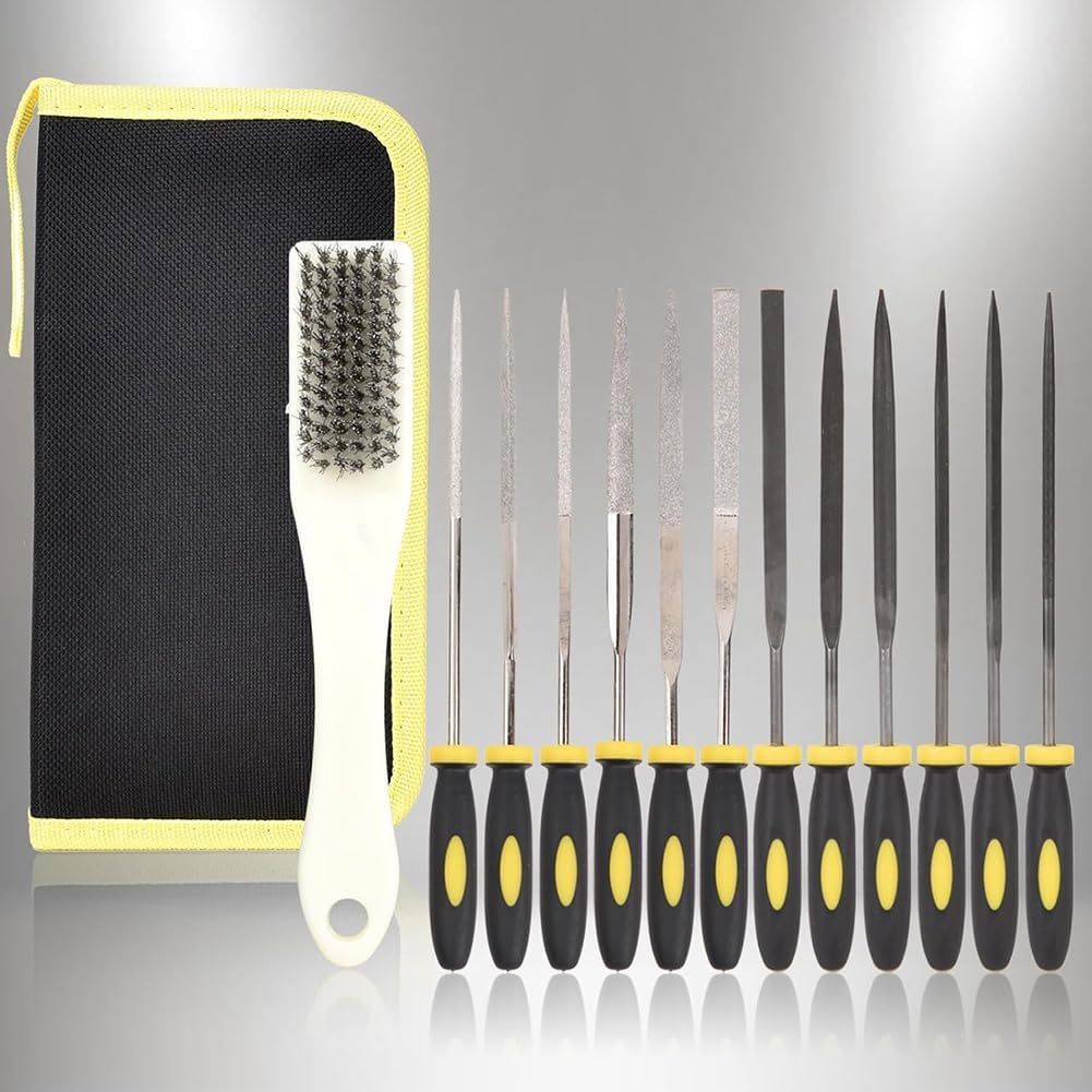 Veumoie 13PCS Needle Files Set,6 Diamond Files & 6 Steel File Sets and Cleaning Brush & Case with Handle image number 4