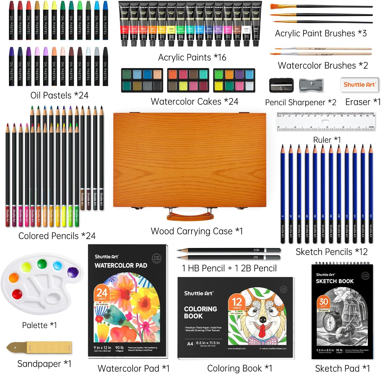 118 Piece Deluxe Art Set, Shuttle Art Art Supplies in Wooden Case, Painting Drawing Art Kit with Acrylic Paint Pencils Oil Pastels Watercolor Cakes Coloring Book Watercolor Sketch Pad for Kids Adults image number 5