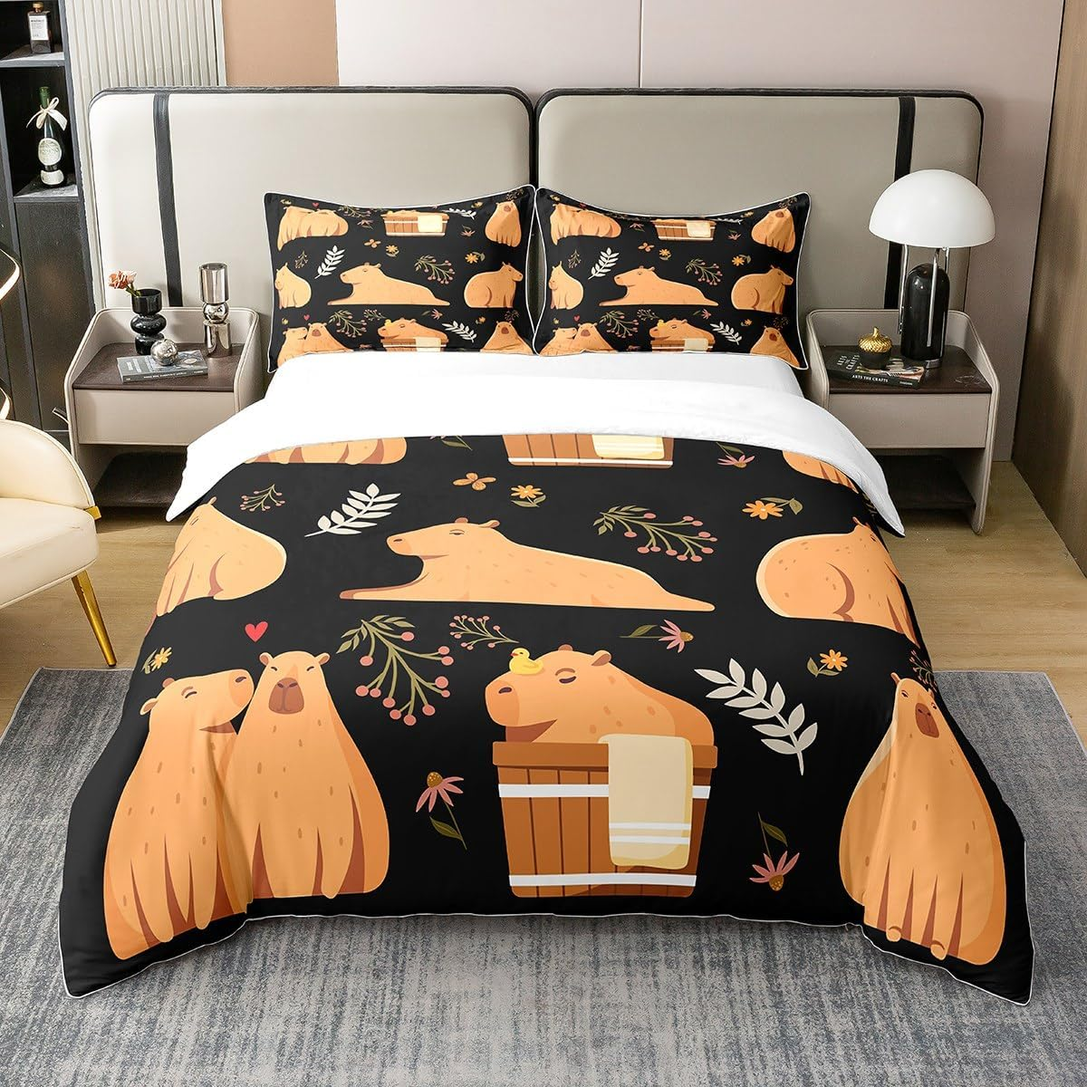 100% Cotton Capybara Bed Linen Set, 200 X 200 Cm, Capybara Lovers Duvet Cover, Cartoon Capybara Cup Animals Lovers, Comfort Cover, Botanical Flowers, Comfort Quilt Cover with 2 Pillowcases, Black image number 4