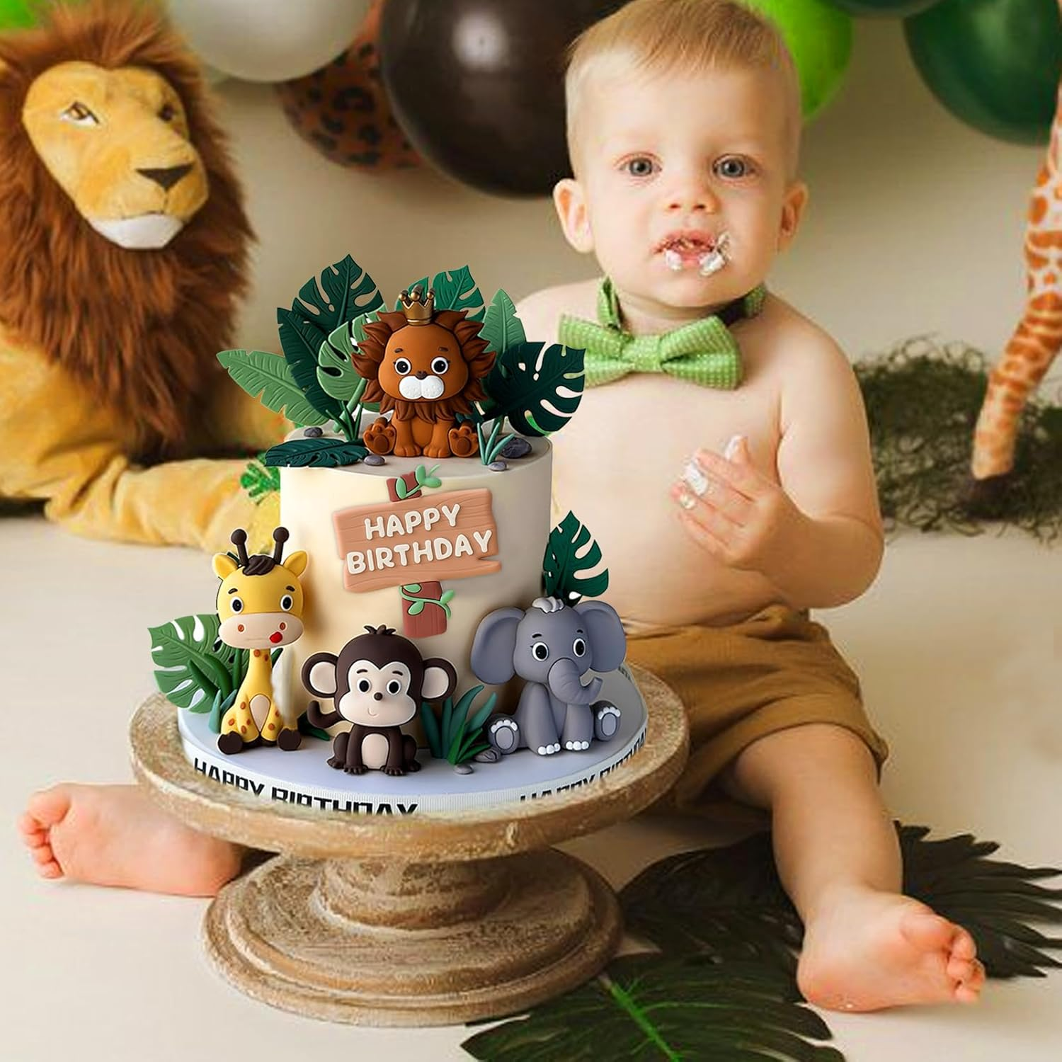 Chris.W 25 PCS Safari Animal Cake Topper Set, Jungle Wild Cake Toppers with Lion Giraffe Monkey Elephant Fake Leaves Grass Cake Decoration for Safari Animals Themed Birthday Party Supplies