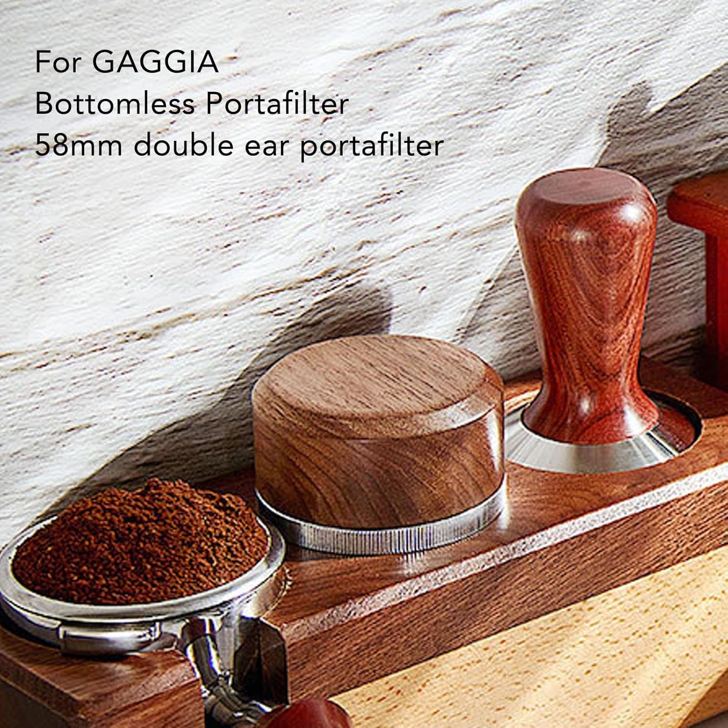 58Mm Bottomless Portafilter, Stainless Steel Naked Portafilter with 2 Ears & Wood Handle Coffee Portafilter for GAGGIA for Baby, for Classic, for Espresso Deluxe, for Evolution - Style 2 image number 6
