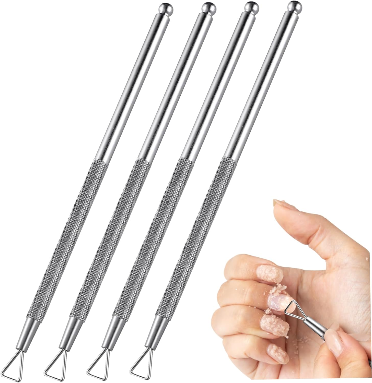 Kichvoe 4Pcs Stainless Steel Cuticle Pusher Triangle Nail Art Scraper Gel Remover Tool for Manicure and Pedicure and Ergonomic Design Elegant Silver Finish image number 1