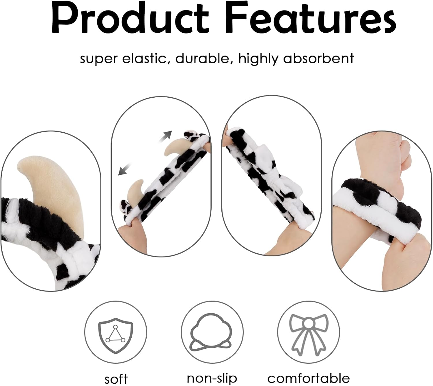 Canitor Cow Print Spa Headband and Wrist Bands Kit for Washing Face Soft Makeup Headband Cute Cow Ears Skincare Headband Wristband Set Stuff Gifts for Women Girls - 02-Bear image number 6