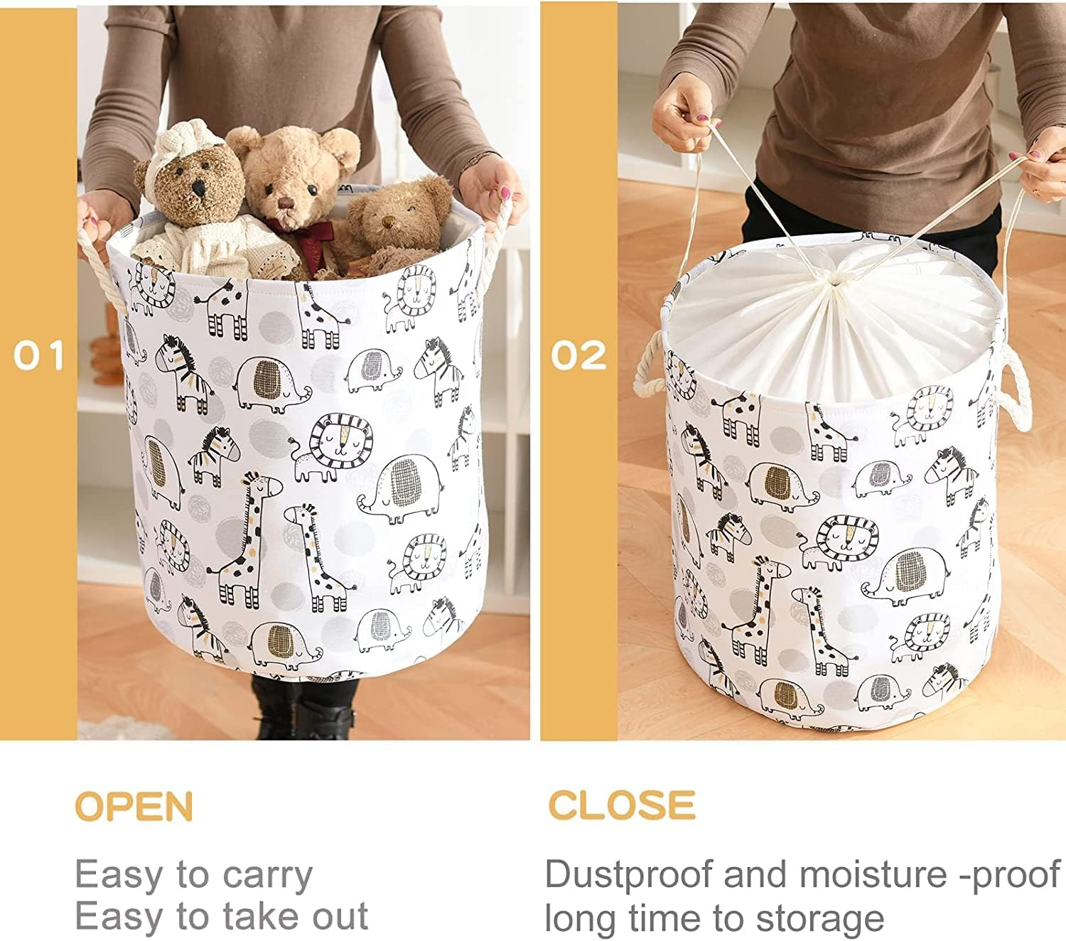 Inough Extra Large Baby Basket for Nursery, 58L Kids Laundry Basket Baby Room Decor, Waterproof Canvas Clothes Hamper Toy Box for Boys Laundry Hamper Foldable Toy Storage Baskets with Handles - Coffee Color image number 6