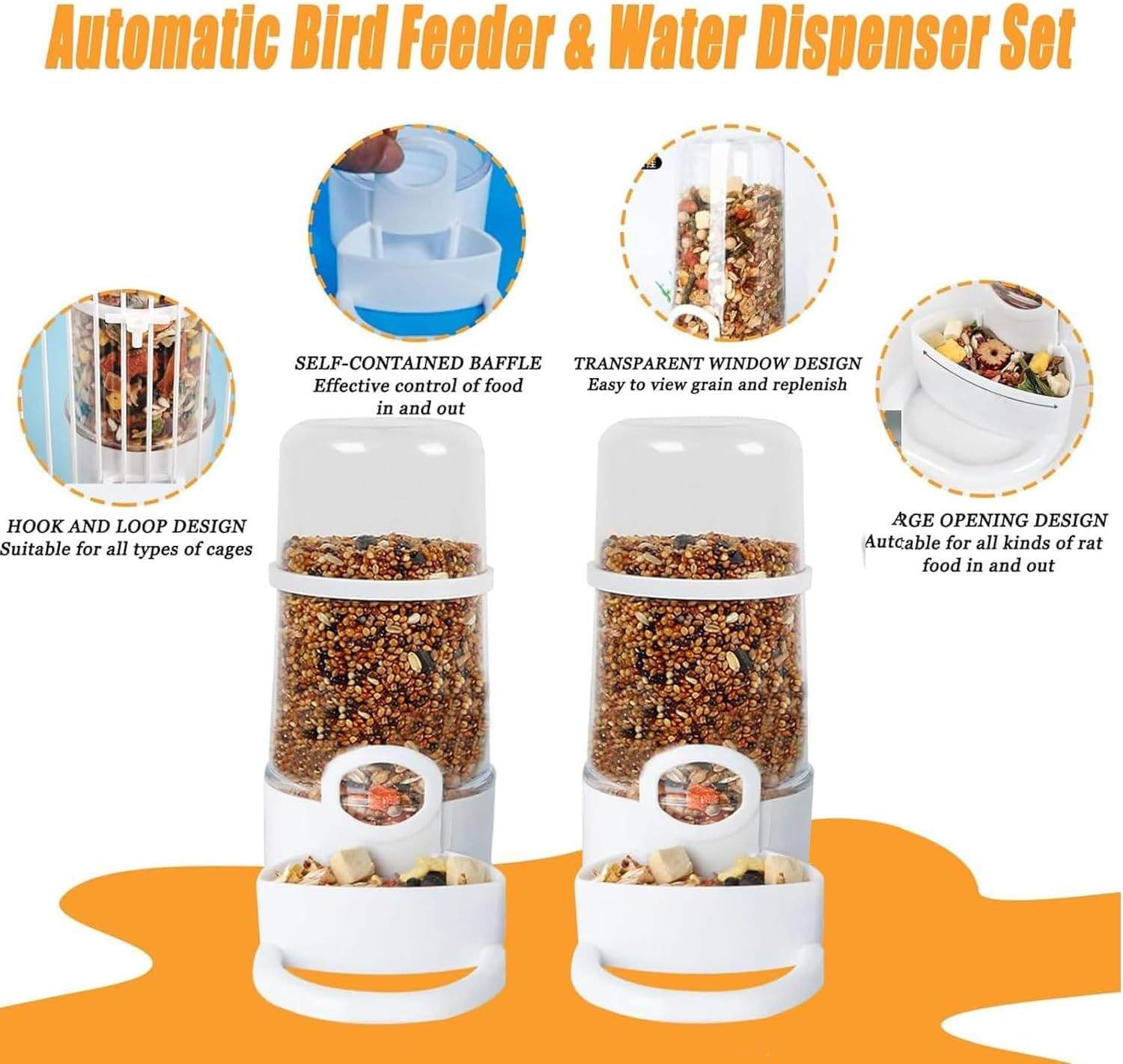 2 Pieces Bird Feeder Water Dispenser, Automatic Bird Feeder and Drinker Set for Cage, No Mess Hanging Parrot Food Bowl, Parakeet Cage Accessories for Hamsters,Pigeons,Parrot (A) image number 3