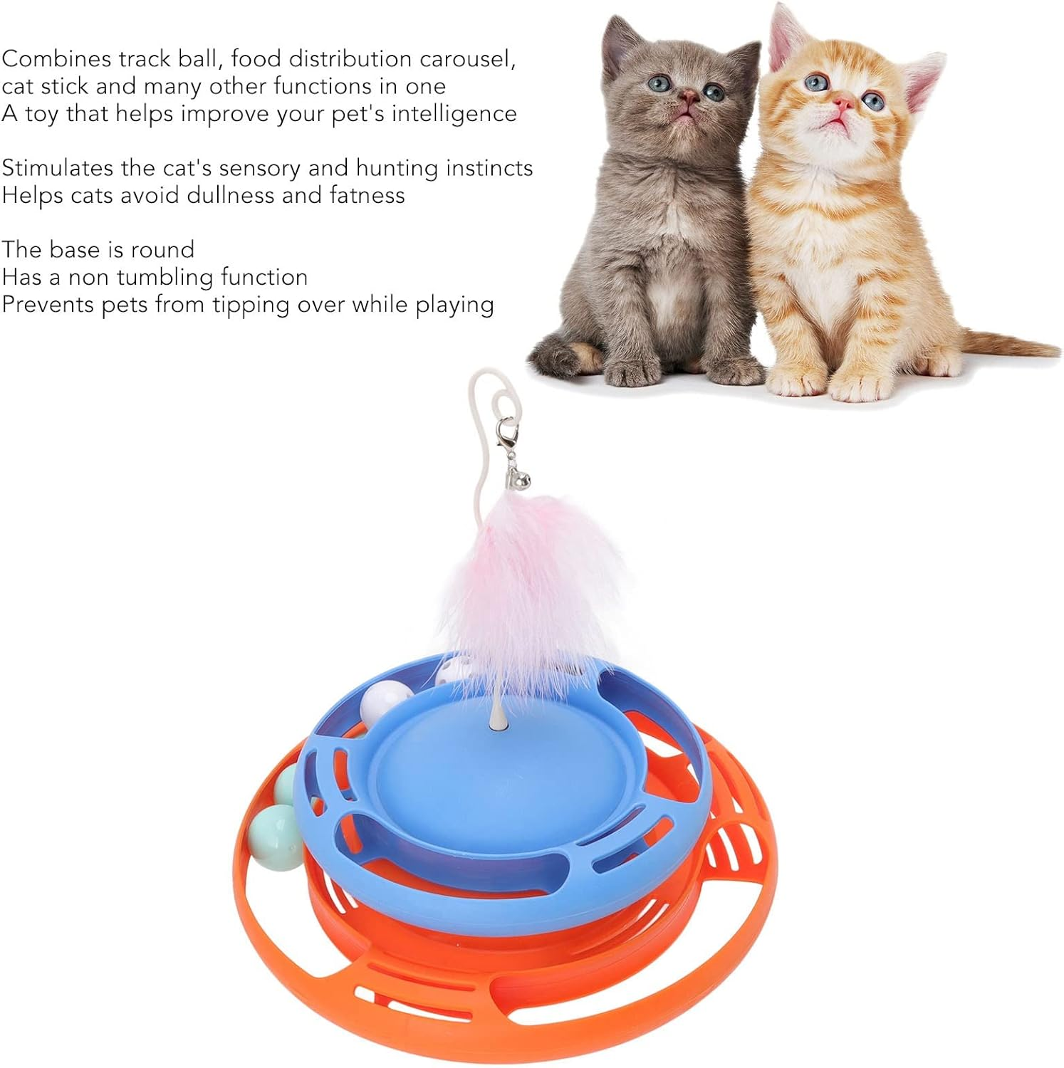 Cat Turntable Toys, Multifunctional Puzzle Interactive Cat Roller Tracks Ball with Cat Teasing Stick, round Base Cat Roller Toy Non Tumbling Function Scratching Cat Toys for Cats