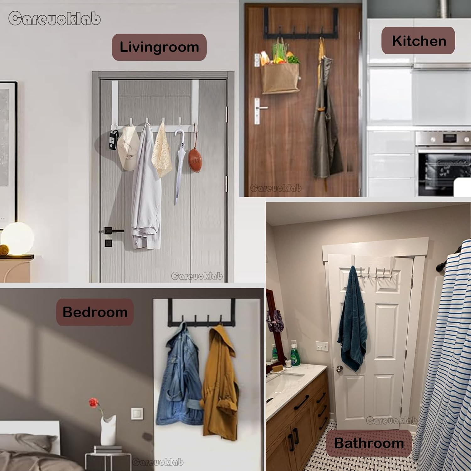 Careuoklab 2 Pack over the Door Hooks Hanger, Coat Rack for Hanging Clothes Hats Bags Towels Umbrellas Keys of Bedroom Bathroom Kitchen(Black 6 Hooks) image number 2