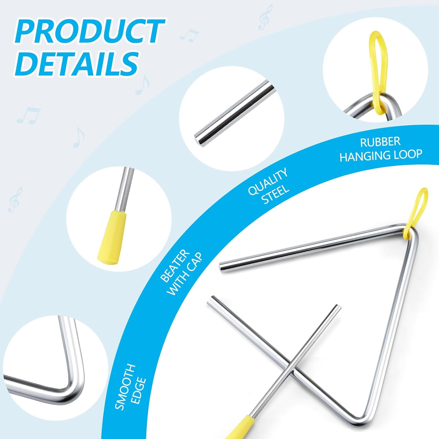 TIPTAP Hand Percussion Triangle, 6IN Musical Steel Triangle with Striker, Percussion Instrument with Exquisite Sound, Instrument for Orff Music Education image number 2