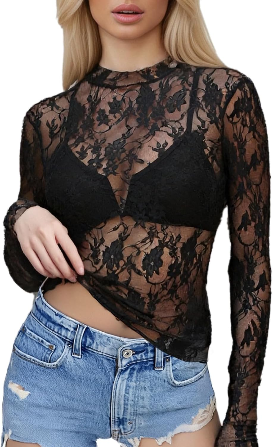 Mesh Tops for Women, Lace Tops for Women UK Sexy See through Shirts, Y2K Lace Top Layering Blouses