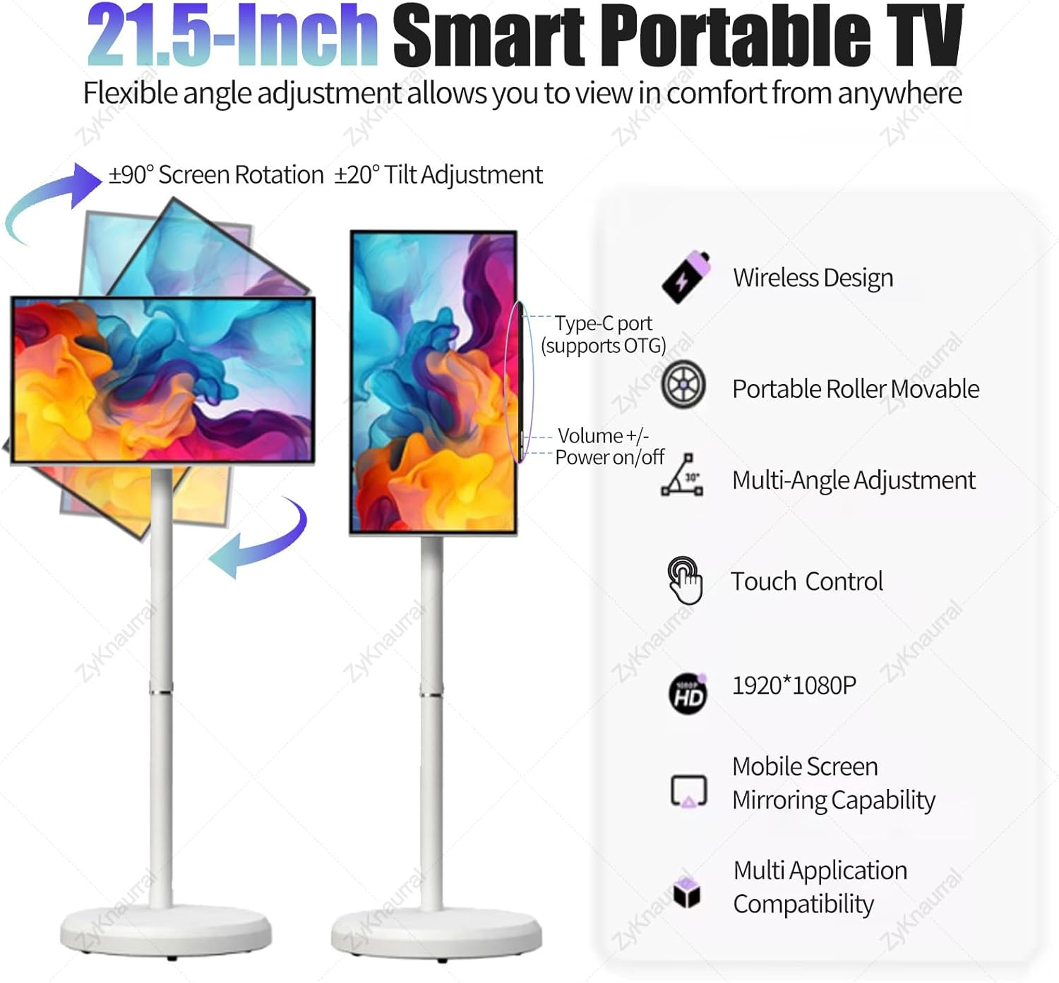 Portable TV on Wheels with Rotating Touchscreen Monitor with Android OS, Rolling Tablet Screen with Base, Built-In 6000Mah Battery, Supports Horizontal and Vertical Screen Display Black-4+64G image number 3