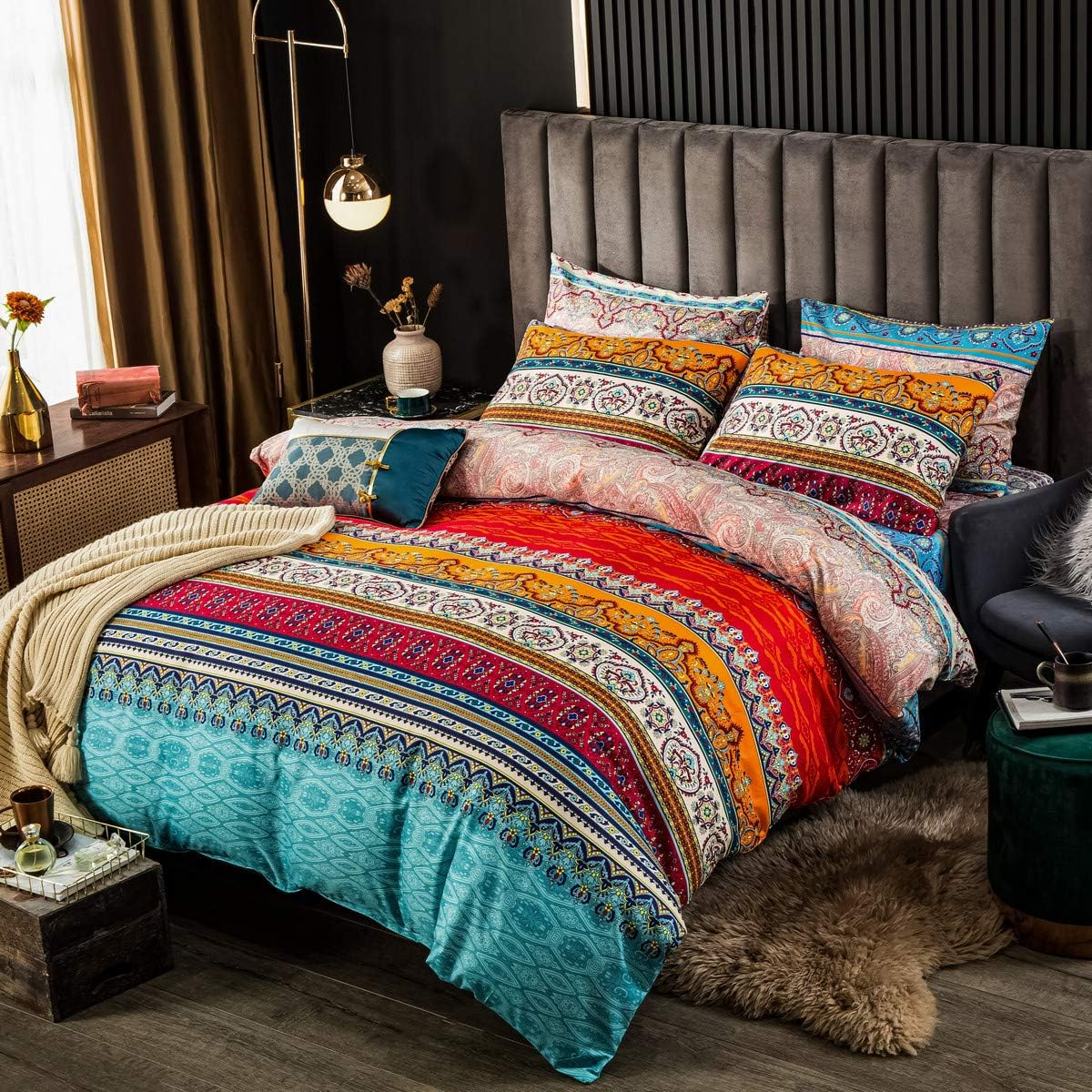 Bohemian Duvet Cover Set Full Colorful Floral Boho Striped Bedding Set Ultra Soft Microfiber Double Duvet Cover Southwestern Indian Tribal Reversible Bedding Exotic Style Decor Boho Comforter Cover image number 6