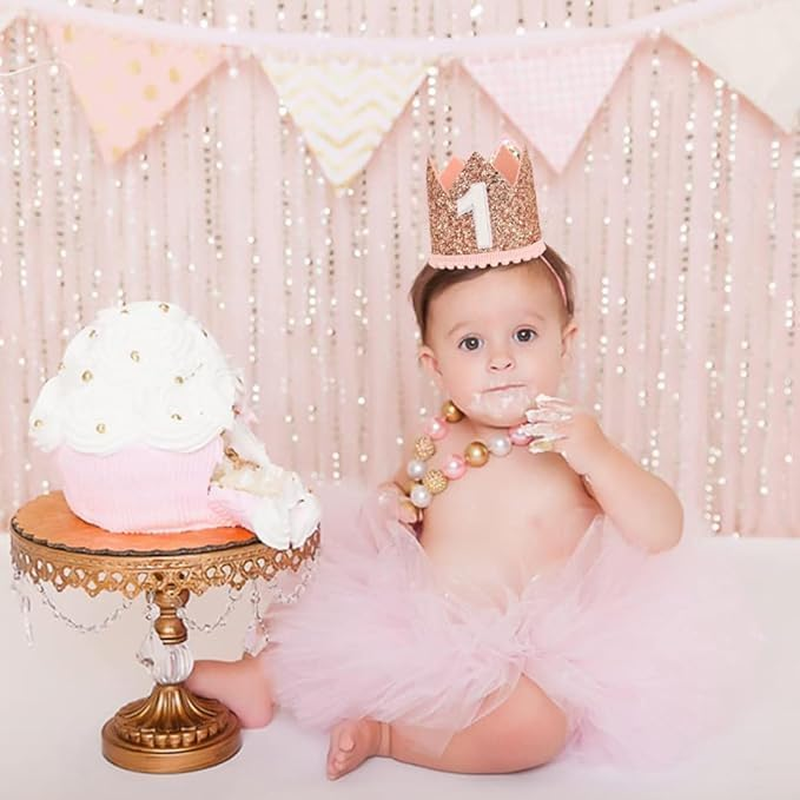 Baby First Birthday Crown, 1St Happy Birthday Decorations Birthday Party Favors, Infant Glitter Birthday Crown Photo Booth Props Photography Props First Birthday Outfit Girl Boy(Pink) image number 6