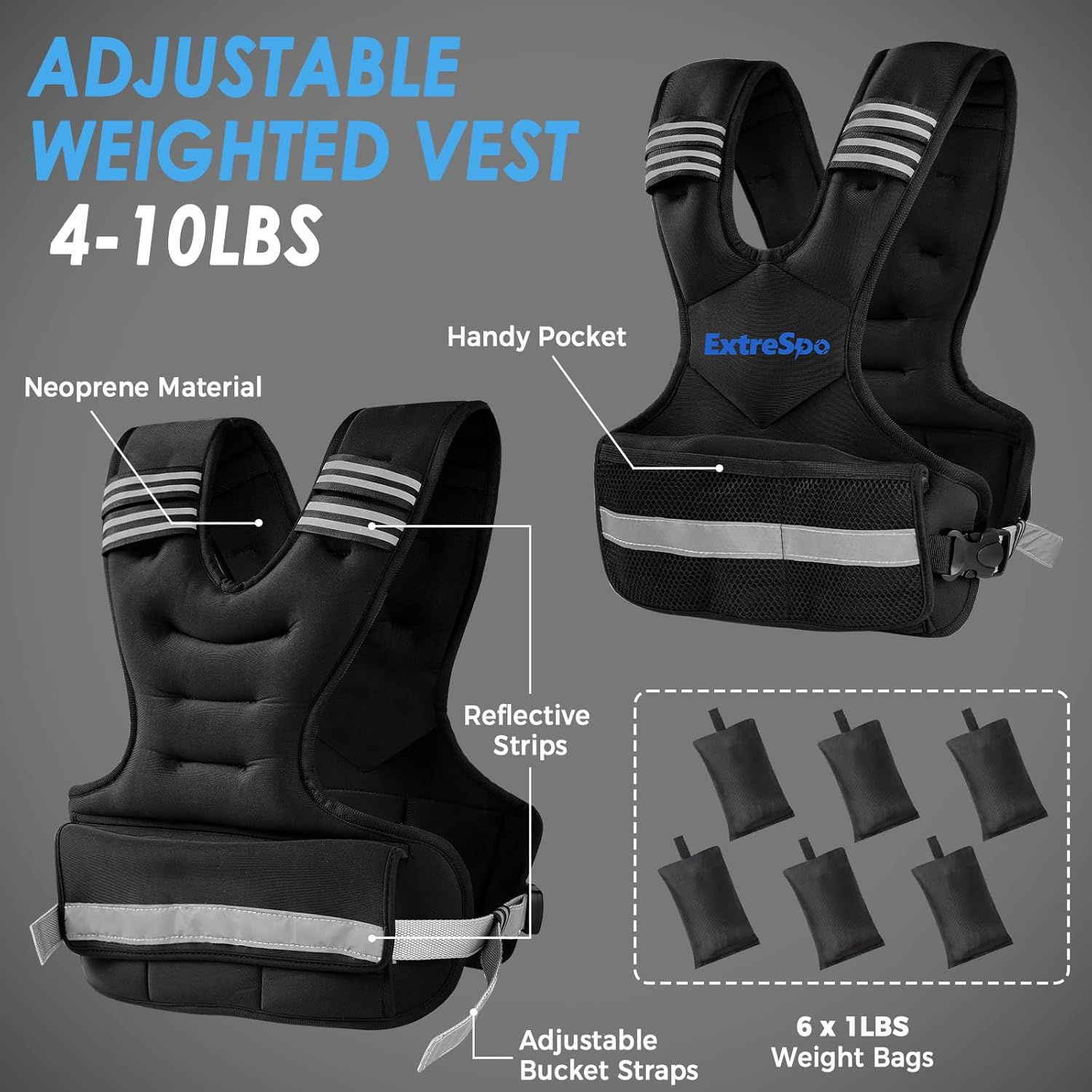 Extrespo Adjustable Weighted Vest for Men and Women | 1.8-4.5KG/5-9KG Vest with 6 Ironsand Weights for Home Workouts | Body Weight Vest Exercise Set for Cardio and Strength Training image number 3