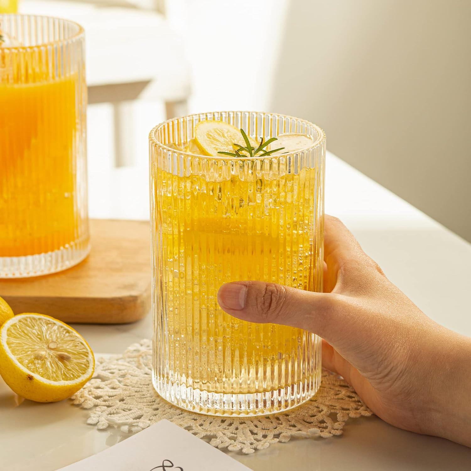 POLIDREAM Drinking Glasses Set of 4 Vintage Whiskey Glasses 500Ml Art Decor Ribbed Glassware Set Embossed Glass Tumblers Cocktail Glasses Water Glasses for Beer Juice Milk(8.3X8.3X13Cm) image number 2