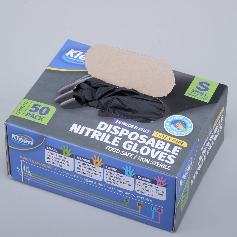 Xtra Kleen Nitrile Powder Free Disposable Gloves, Black, Small (Pack of 50)