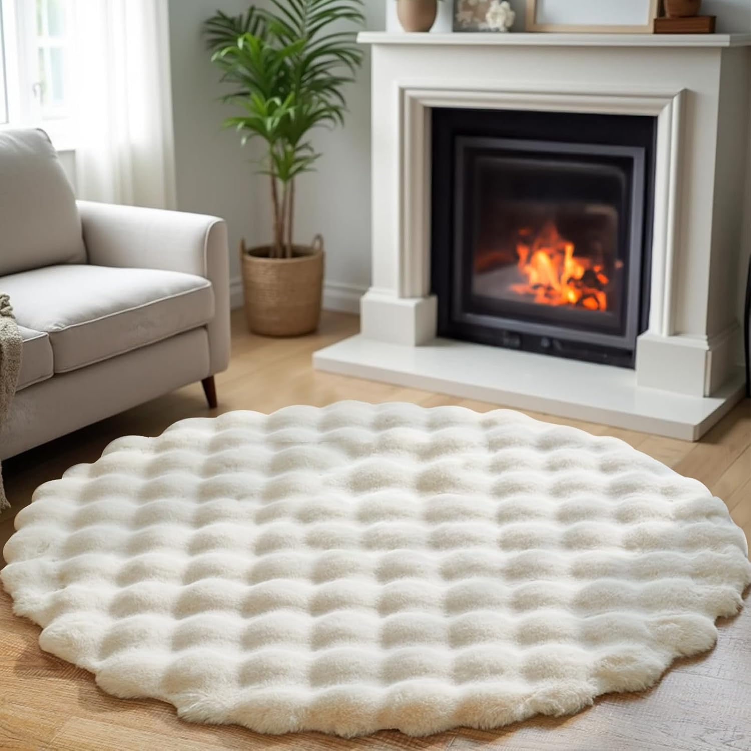 Round Fluffy Rug for Living Room, Luxury Soft Shaggy Faux Fur Area Rugs for Bedroom, Modern Indoor Washable Furry Plush Carpet Anti-Skid Floor Mats for Home Decor (Beige, 120Cm)
