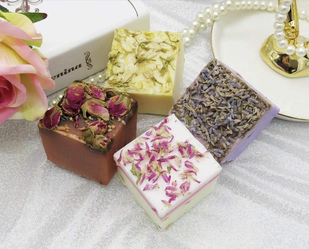 Organic Handmade Soap for Face & Body ~ Set of 4 Pieces.100% Natural Real Botanical Formula, Certified Organic & Handmade with Love. Luxuriously Beautiful Design with Real Flowers Crafted into the Soap image number 2