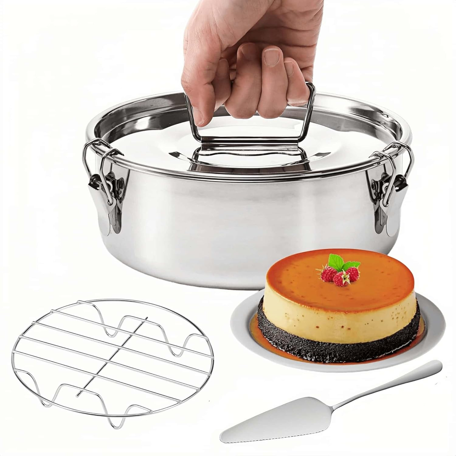 HOLADAWN 304 Stainless Steel Flan Pan with Lid, 1.5L Molde Para Flan & Baking Dish for Cheesecake, Cr&egrave;me Caramel & Pudding (Steam Rack, Spatula) image number 4
