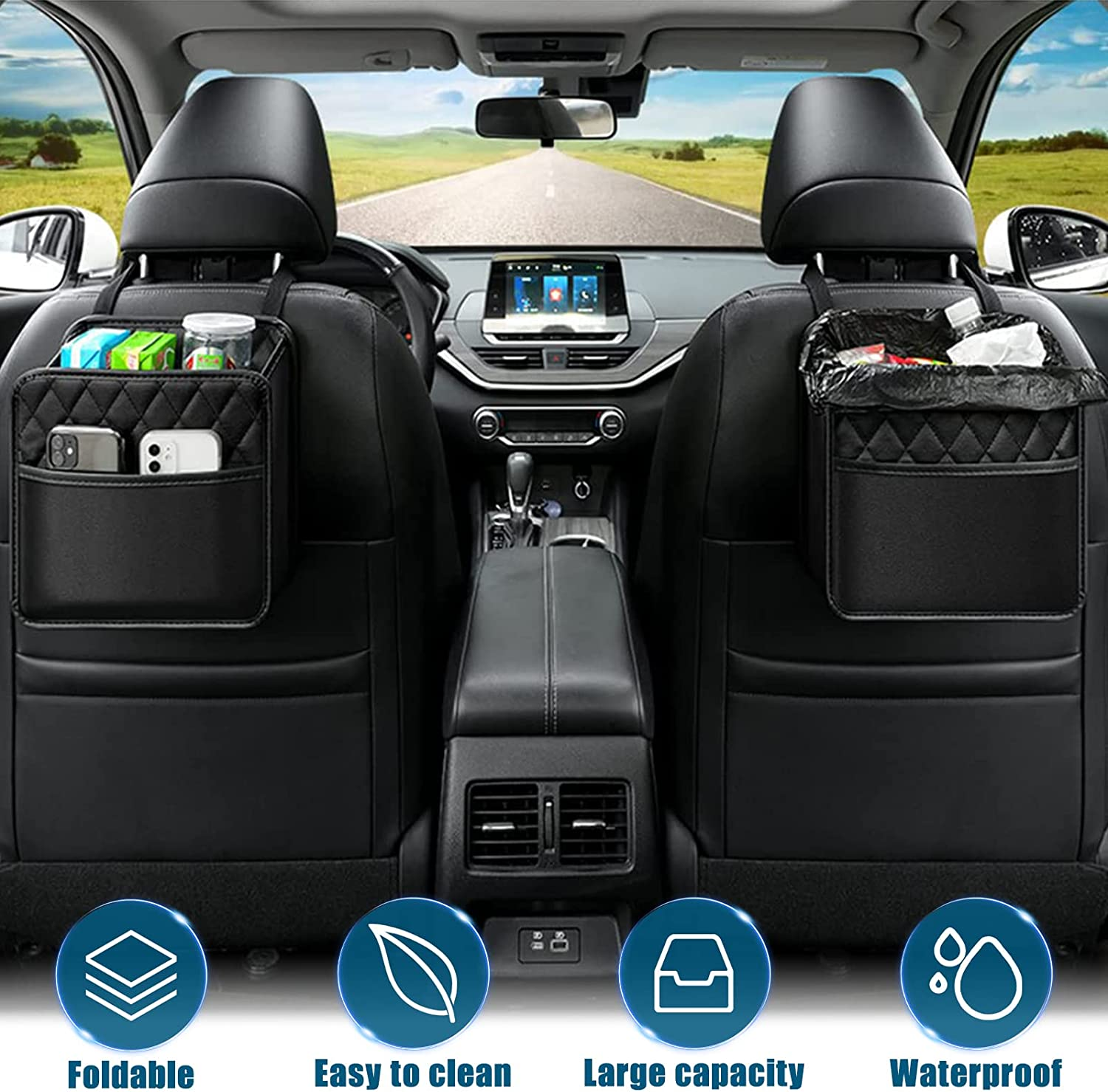 Backseat Car Organiser, Car Net Pocket Handbag Holder, 2 Pack Car Seat Back Hanging Bags, Multi-Pocket All Purpose Car Trip Storage Box for Ipad, Bottles, Toys, Books, Tissues, Etc image number 1