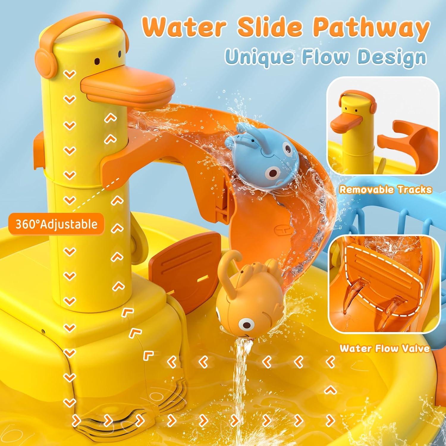 3-In-1 Play Sink with Running Water, Kids Kitchen Sink Toys with Electric Duck Faucet, Pretend Play Kitchen Accessories, Play Food, Water Slide Track, Pool Floating Fishing Game Boys Girls image number 6