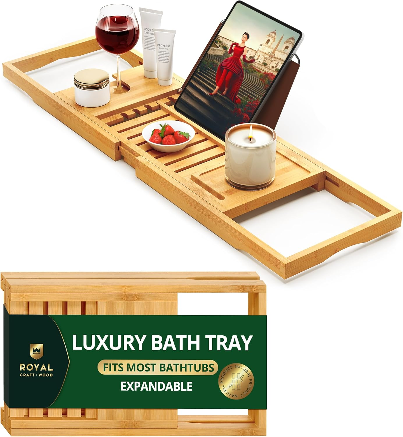 Royal Craft Wood Premium Foldable Bathtub Tray - Wood Bath Tray for Tub, Bamboo Shelf, Expandable Bath Table Trays, Bathtub & Bathroom Accessories for New Home & Mothers Day & Birthday Gifts for Mom - Gray (Classic) image number 2